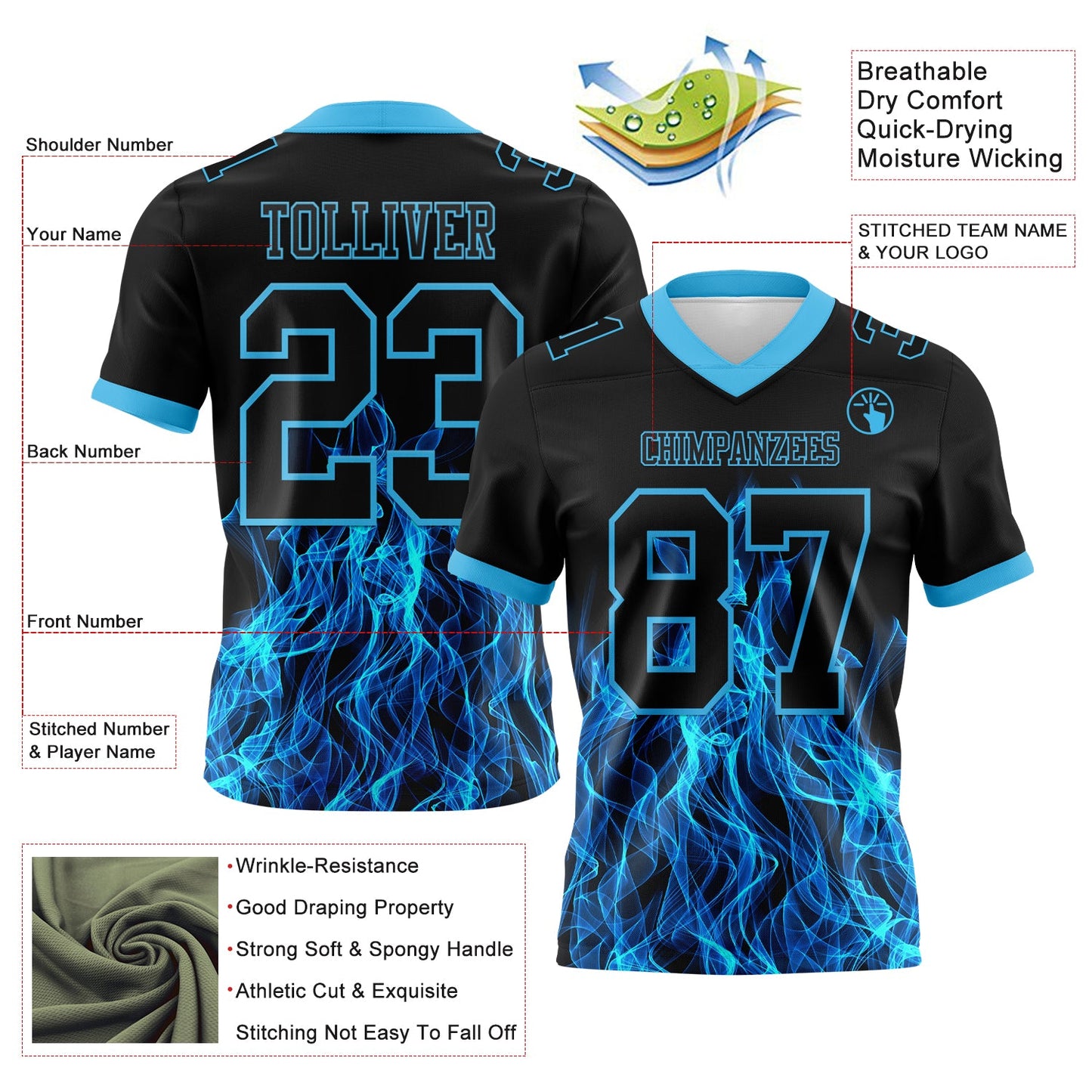 Custom Black Sky Blue 3D Pattern Flame Authentic Football Jersey view 3