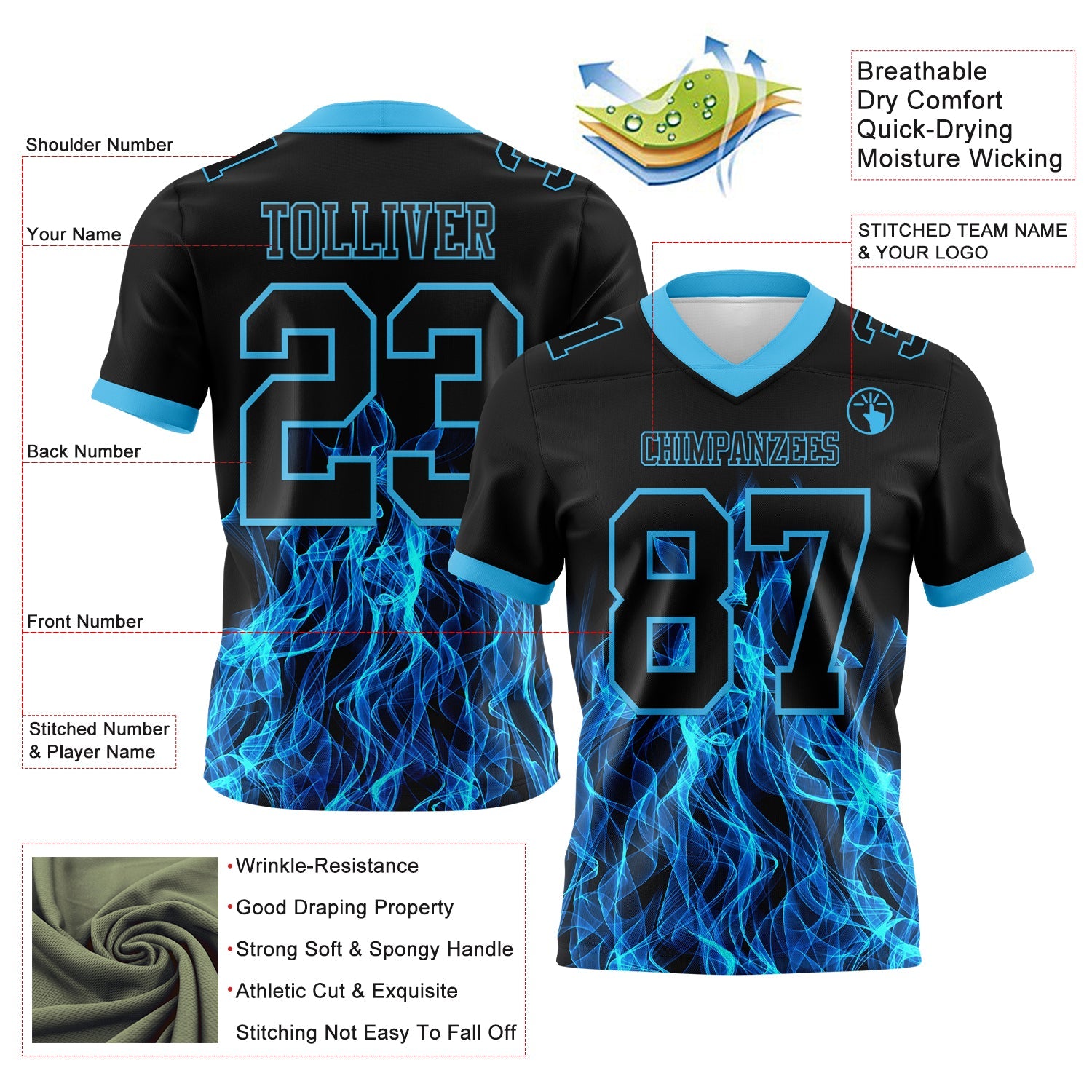 Custom Black Sky Blue 3D Pattern Flame Authentic Football Jersey view 3