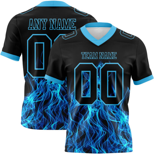 Custom Black Sky Blue 3D Pattern Flame Authentic Football Jersey - Main View