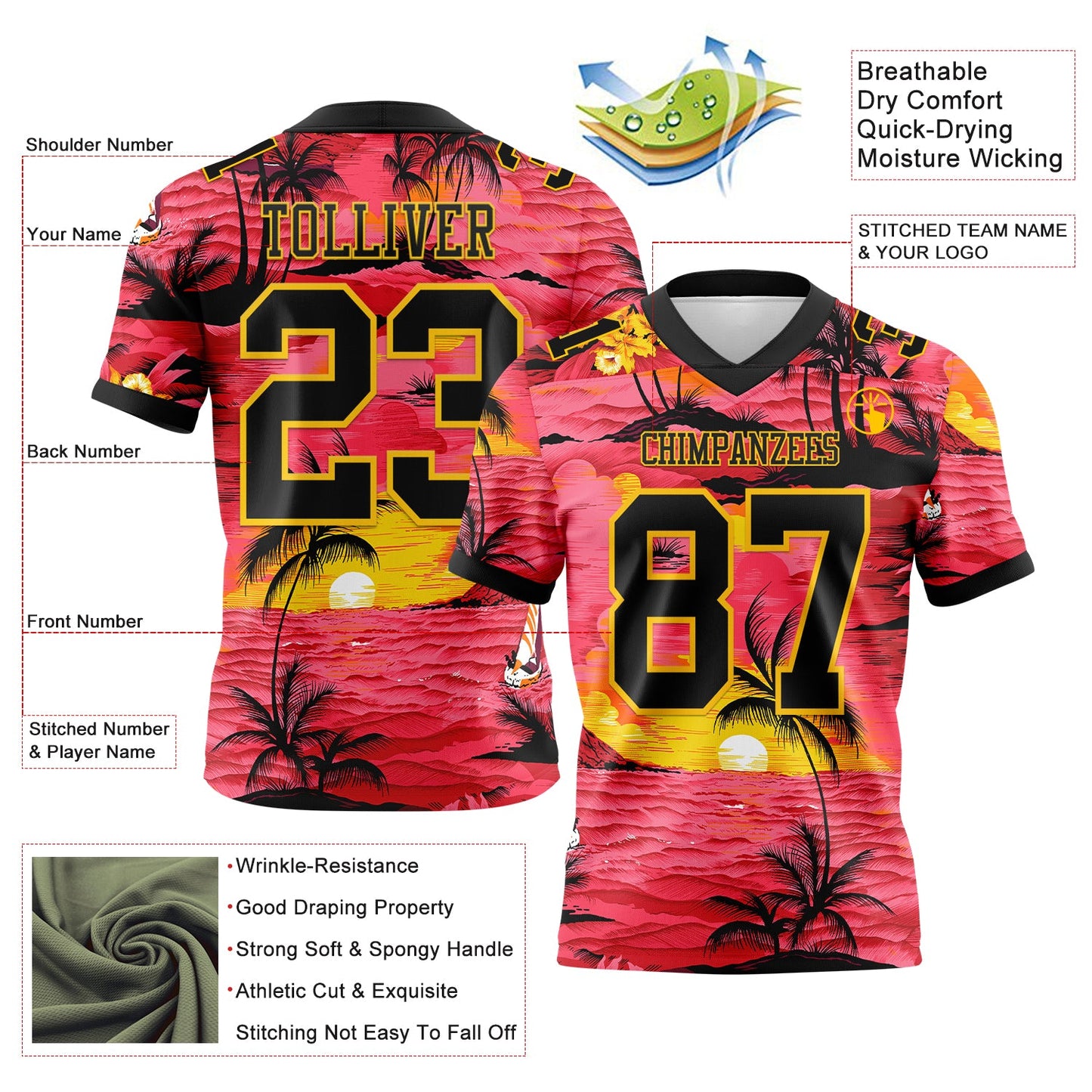 Custom Red Black-Yellow 3D Pattern Sun Beach Hawaii Palm Trees Authentic Football Jersey view 3