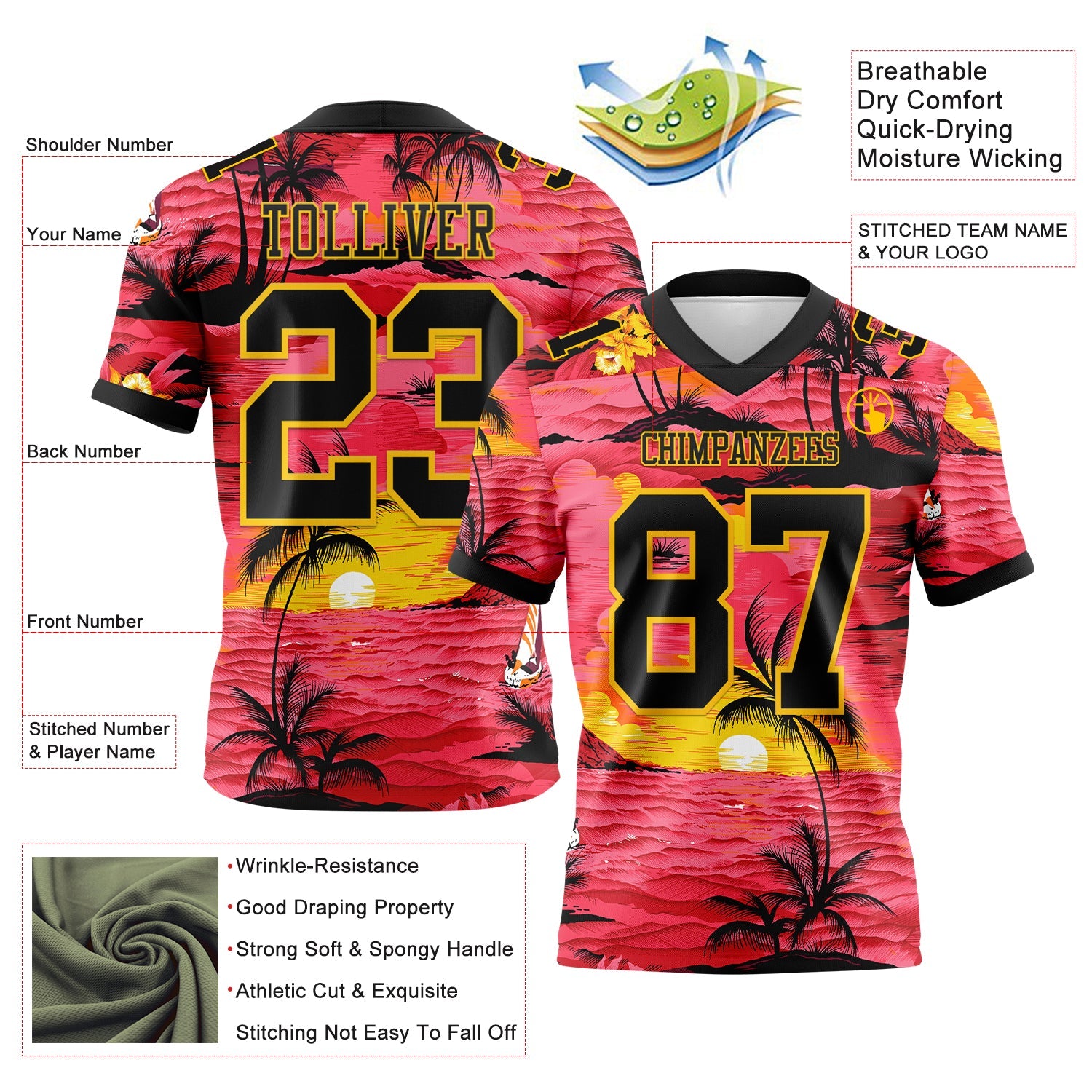 Custom Red Black-Yellow 3D Pattern Sun Beach Hawaii Palm Trees Authentic Football Jersey view 3