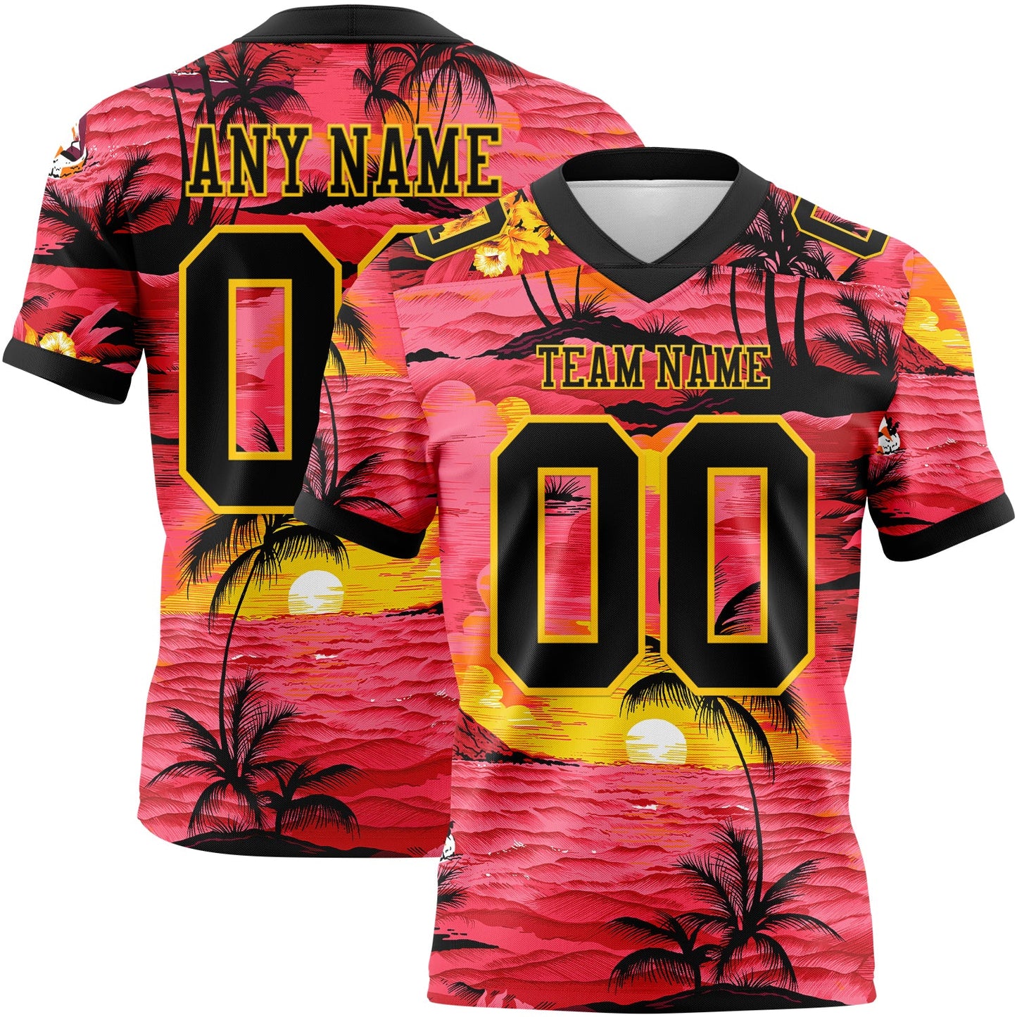 Custom Red Black-Yellow 3D Pattern Sun Beach Hawaii Palm Trees Authentic Football Jersey - Main View