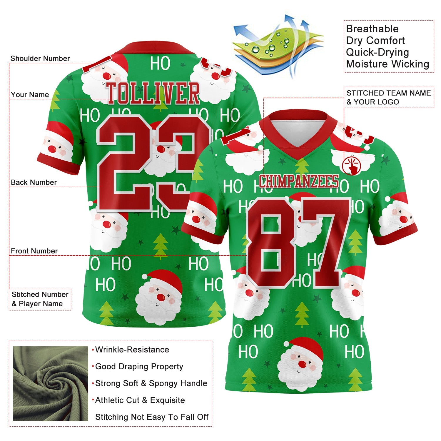 Custom Green Red-White 3D Pattern Christmas Authentic Football Jersey view 3