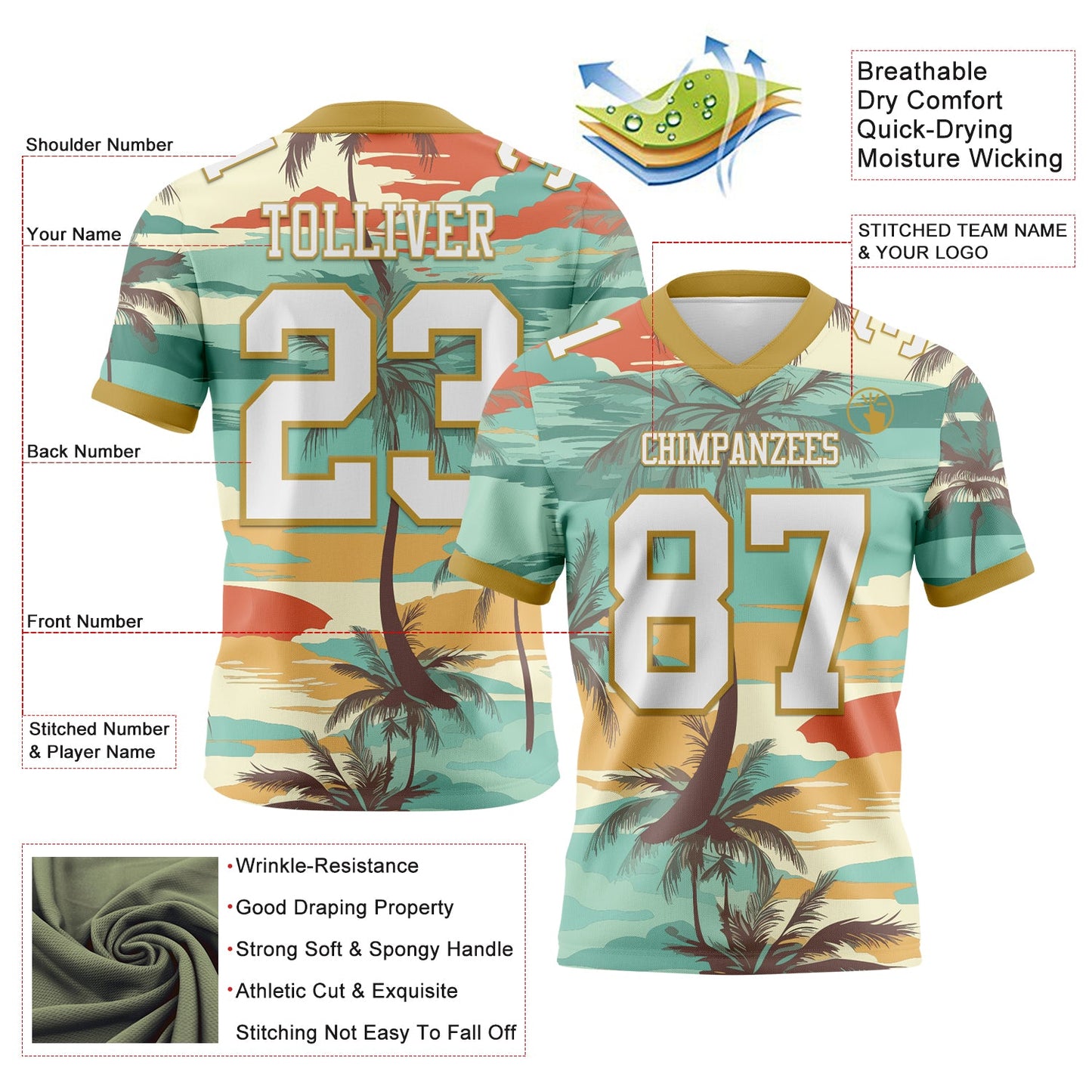 Custom Aqua White-Old Gold 3D Pattern Tropical Hawaii Palm Trees Authentic Football Jersey view 3