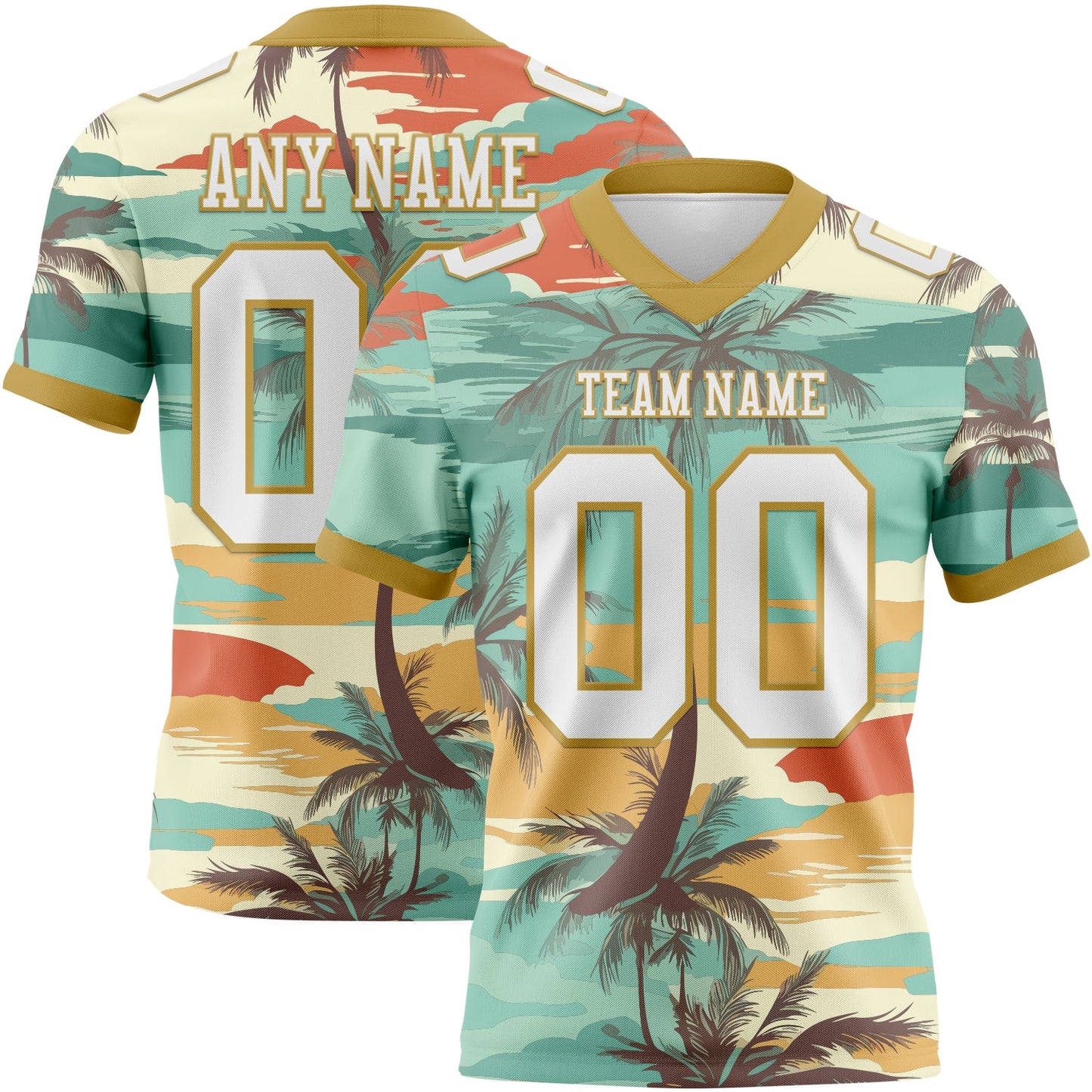 Custom Aqua White-Old Gold 3D Pattern Tropical Hawaii Palm Trees Authentic Football Jersey - Main View
