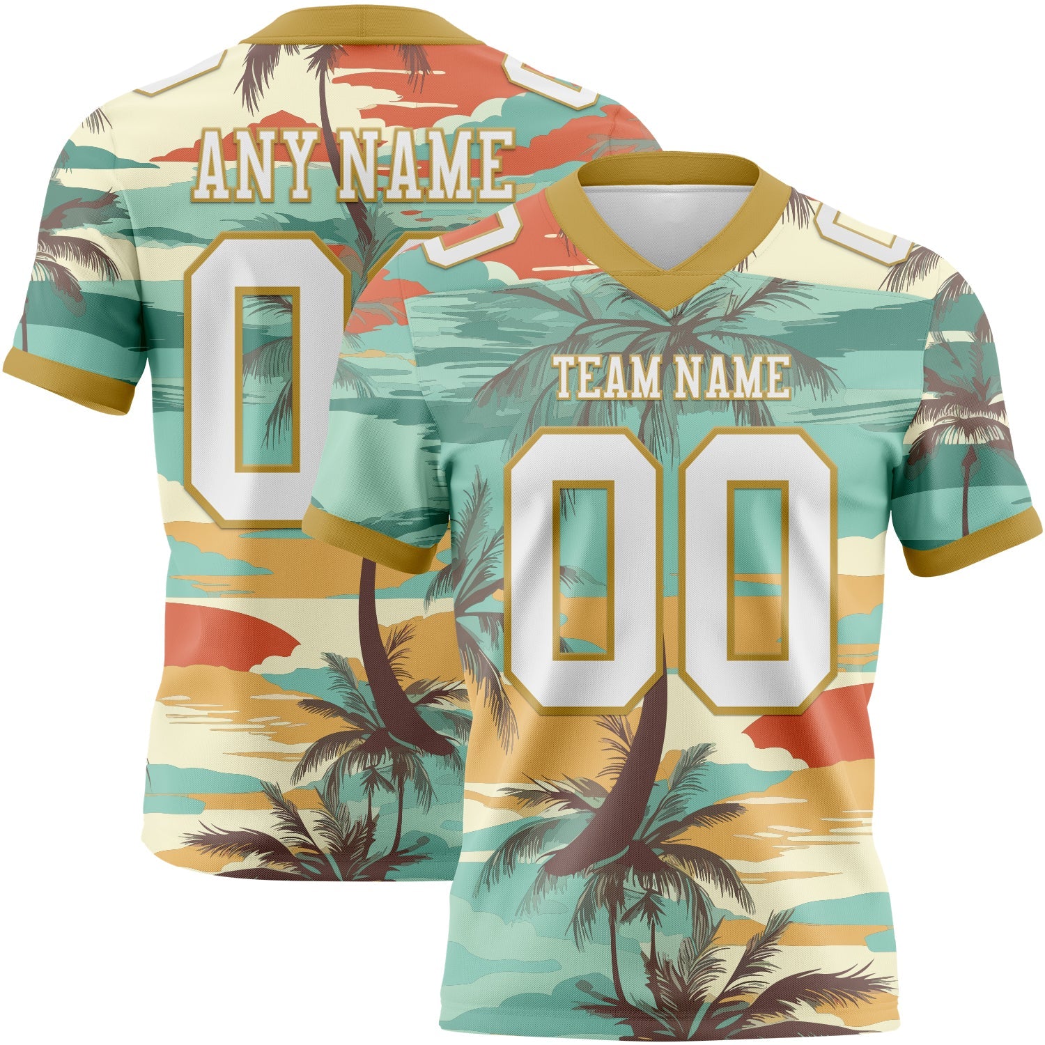 Custom Aqua White-Old Gold 3D Pattern Tropical Hawaii Palm Trees Authentic Football Jersey - Main View