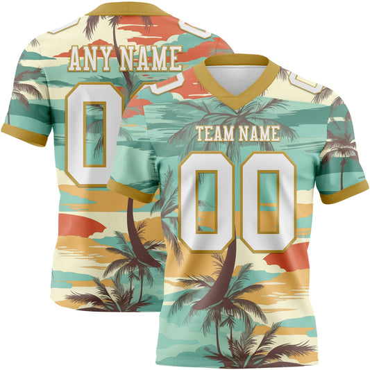 Custom Aqua White-Old Gold 3D Pattern Tropical Hawaii Palm Trees Authentic Football Jersey - Main View