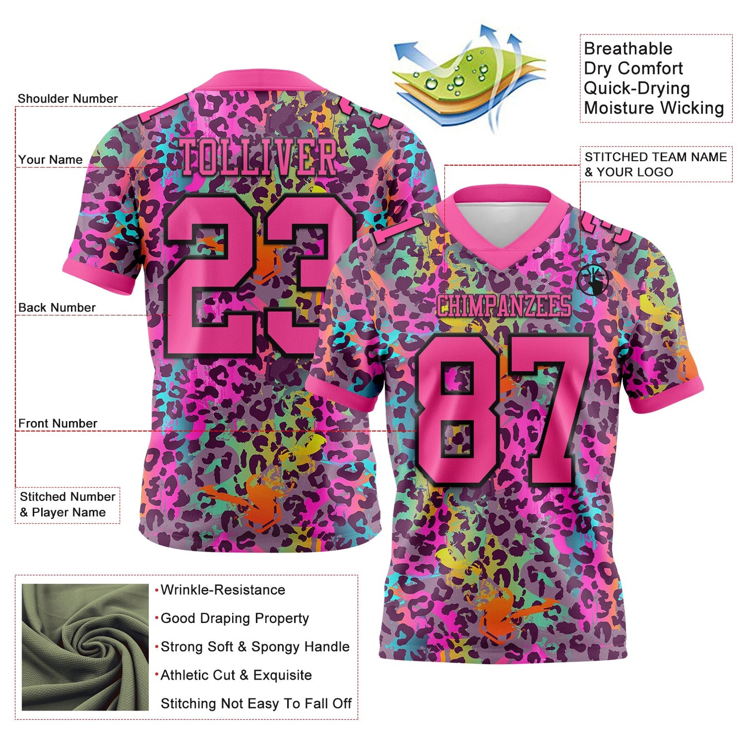 Custom Graffiti Pattern Pink-Black 3D Pattern Colorful Leopard Print Authentic Football Jersey view 3