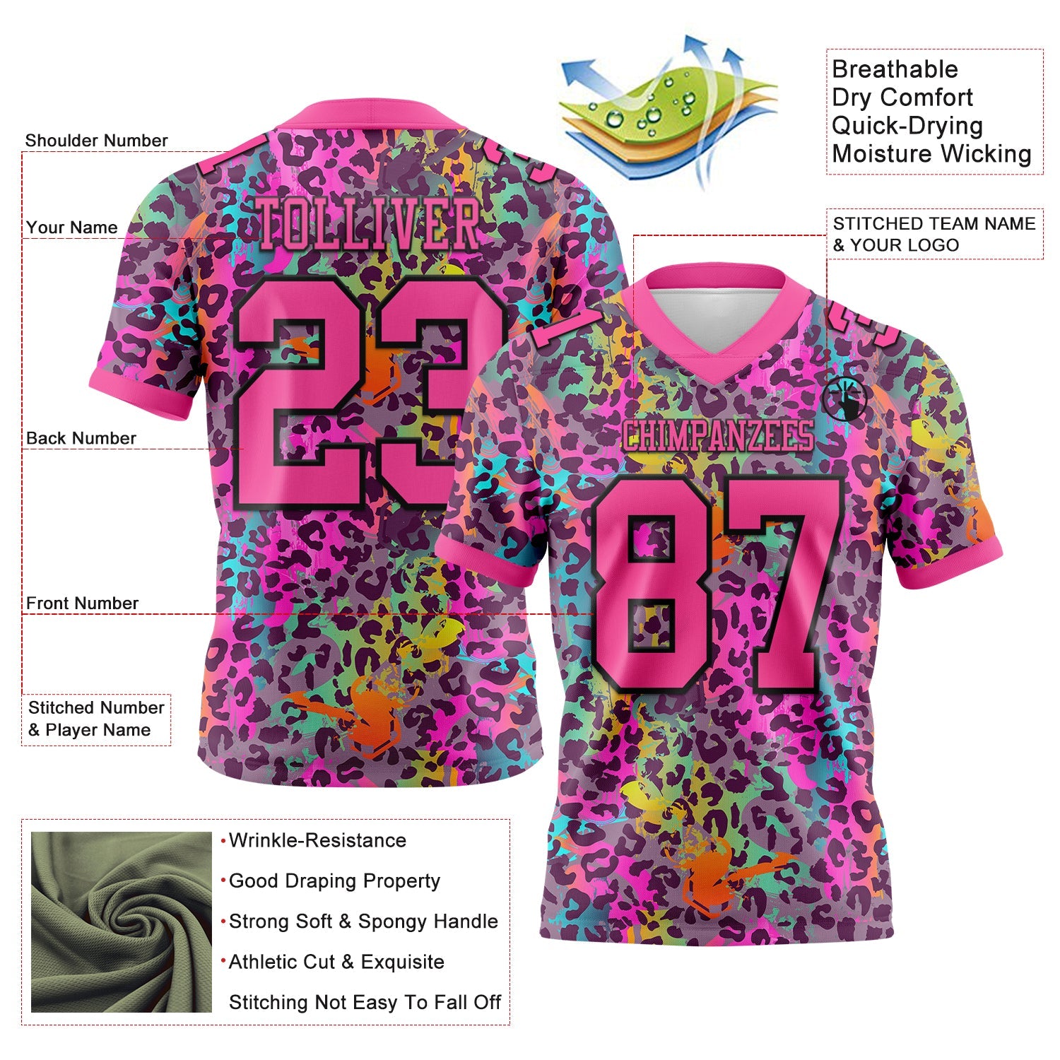 Custom Graffiti Pattern Pink-Black 3D Pattern Colorful Leopard Print Authentic Football Jersey view 3