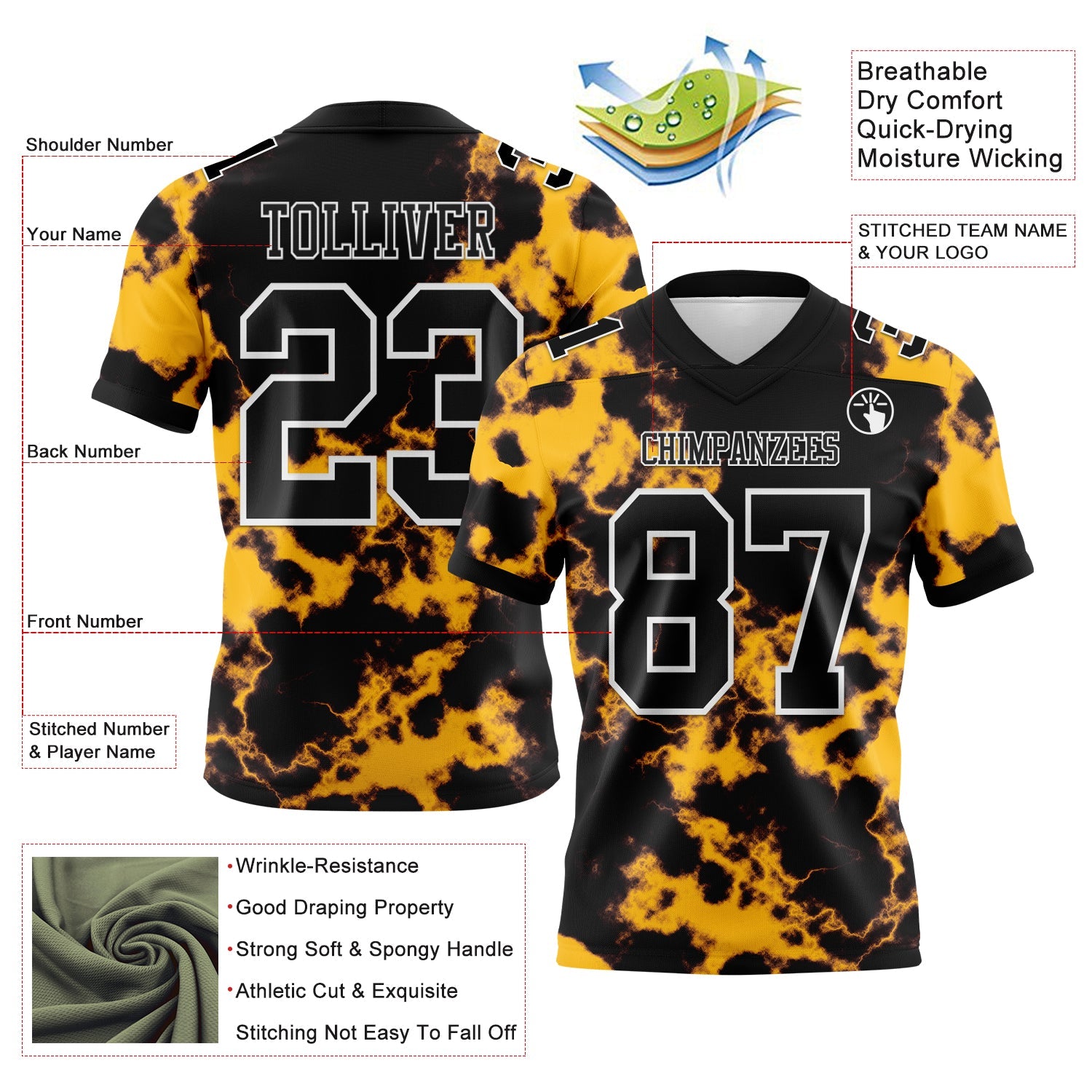 Custom Tie Dye Black-White 3D Pattern Authentic Football Jersey view 3