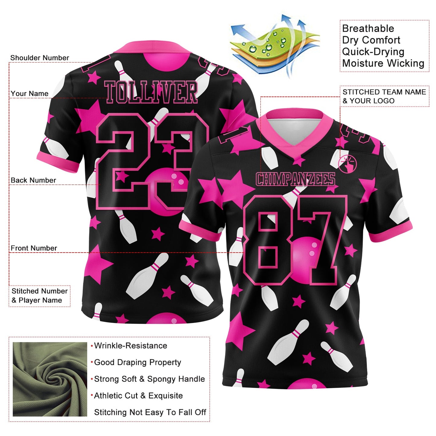 Custom Black Pink 3D Pattern Bowling Authentic Football Jersey view 3