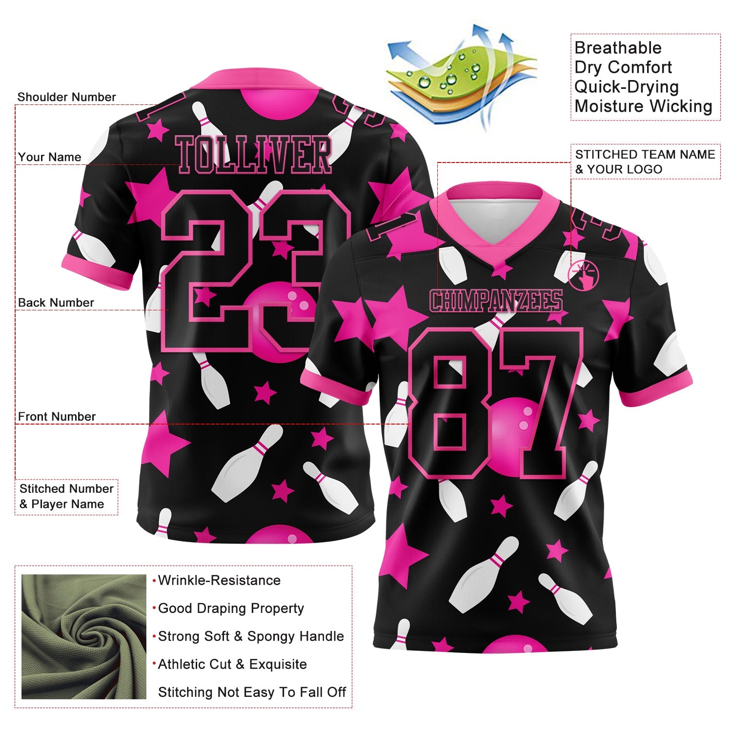 Custom Black Pink 3D Pattern Bowling Authentic Football Jersey view 3
