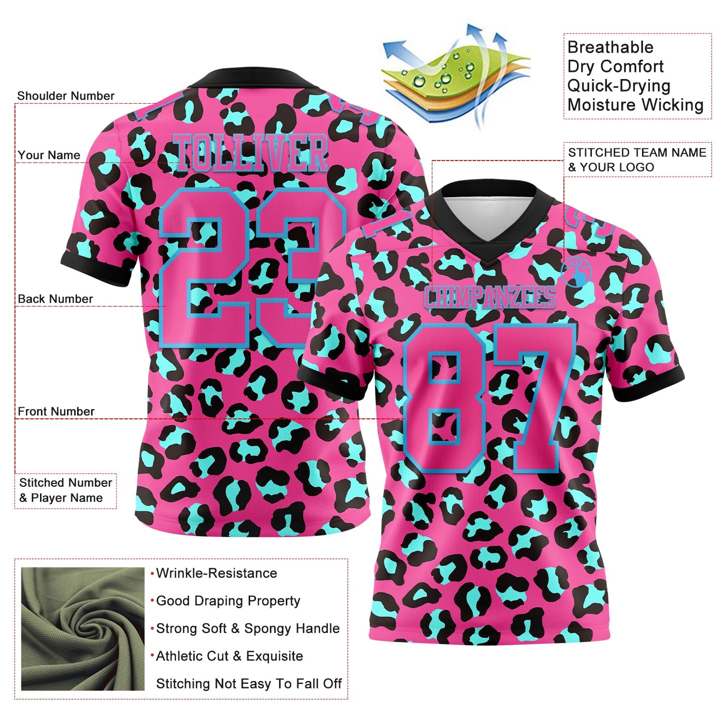 Custom Pink Sky Blue-Black 3D Pattern Leopard Print Authentic Football Jersey view 3