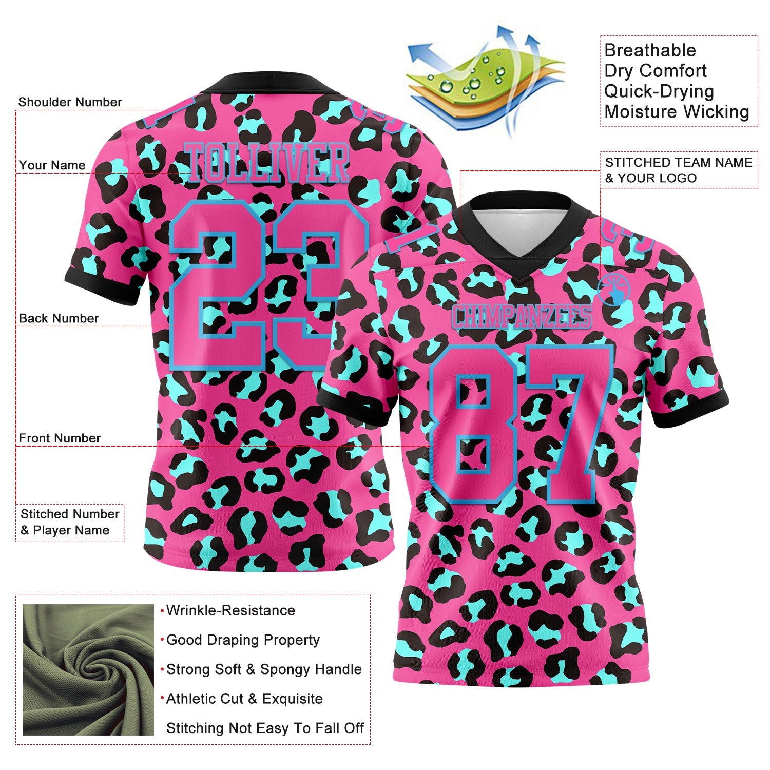 Custom Pink Sky Blue-Black 3D Pattern Leopard Print Authentic Football Jersey view 3