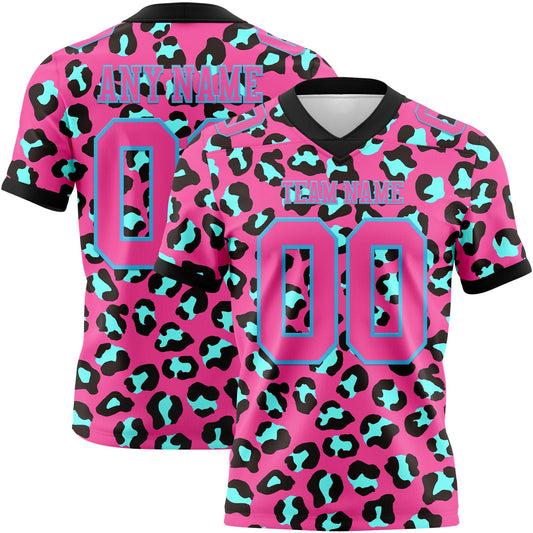 Custom Pink Sky Blue-Black 3D Pattern Leopard Print Authentic Football Jersey - Main View