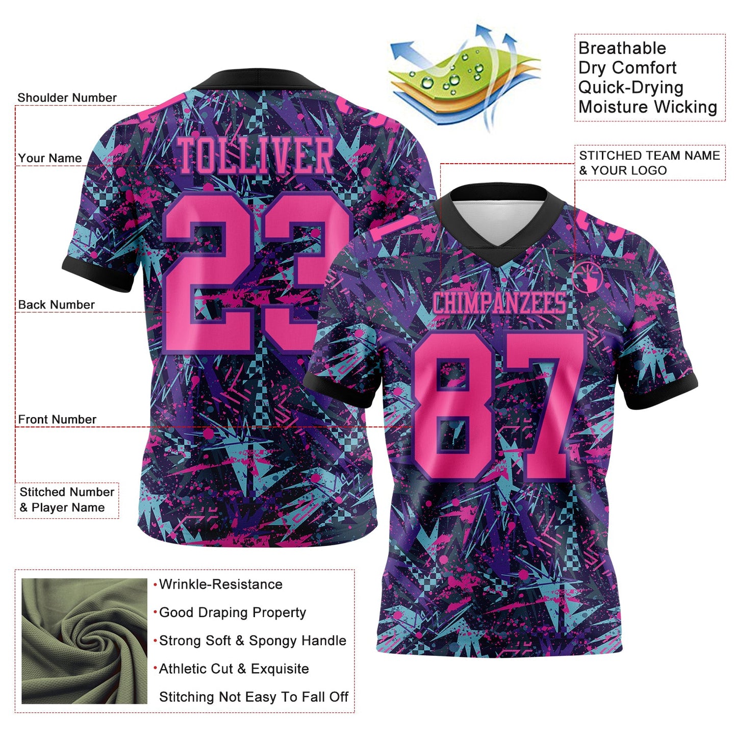 Custom Graffiti Pattern Pink Purple-Black 3D Pattern Creative Geometric Figures And Dots Authentic Football Jersey view 3