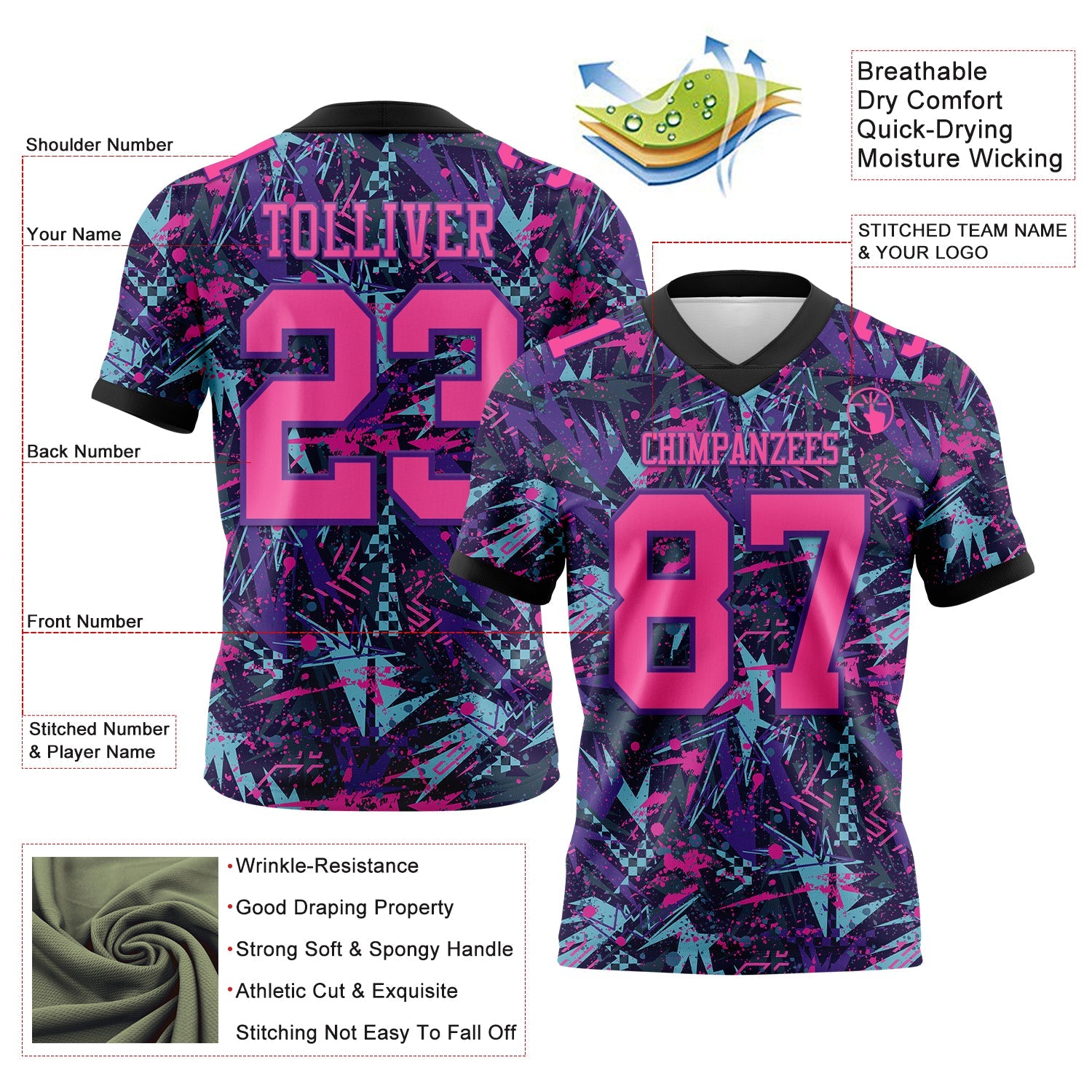Custom Graffiti Pattern Pink Purple-Black 3D Pattern Creative Geometric Figures And Dots Authentic Football Jersey view 3