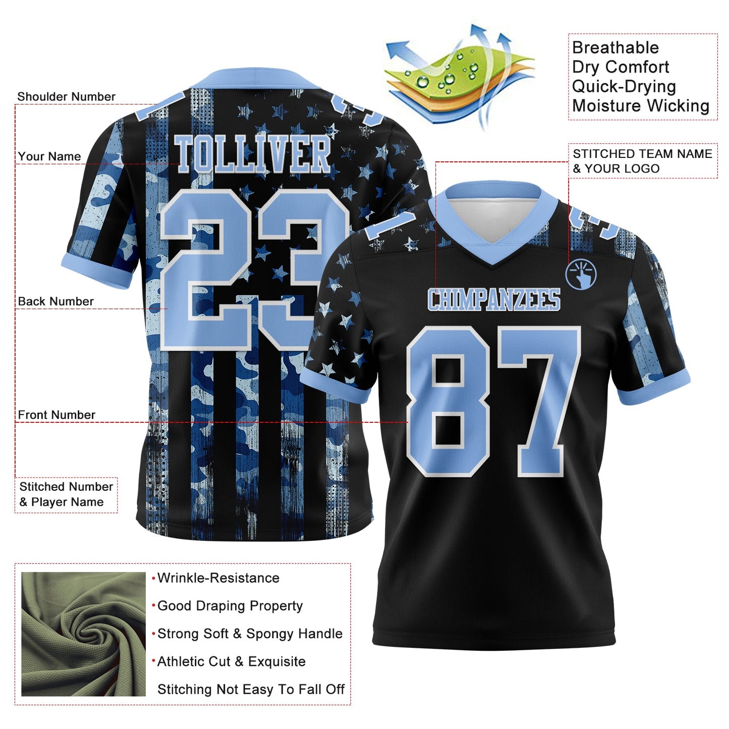 Custom Black Light Blue-White 3D Pattern American Flag Authentic Football Jersey view 3