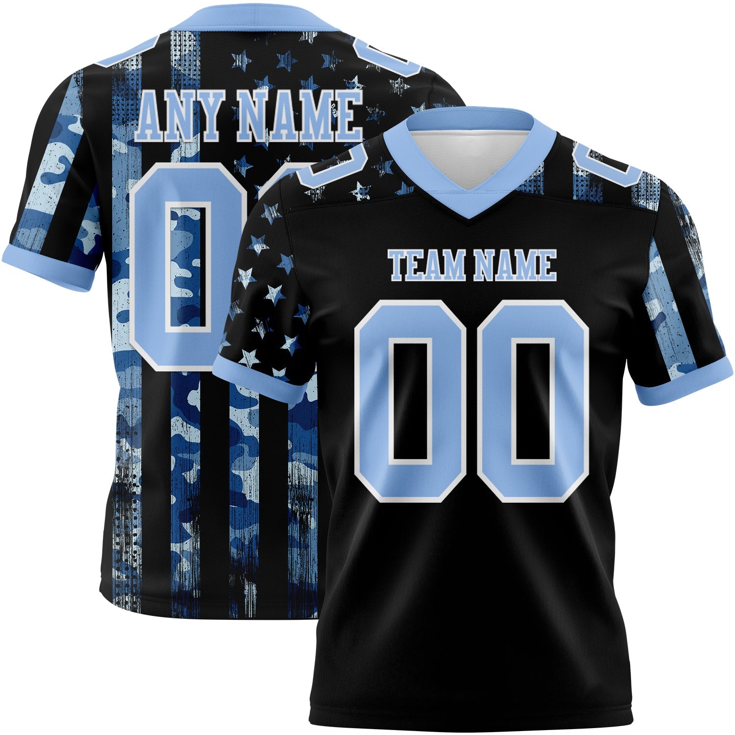 Custom Black Light Blue-White 3D Pattern American Flag Authentic Football Jersey - Main View