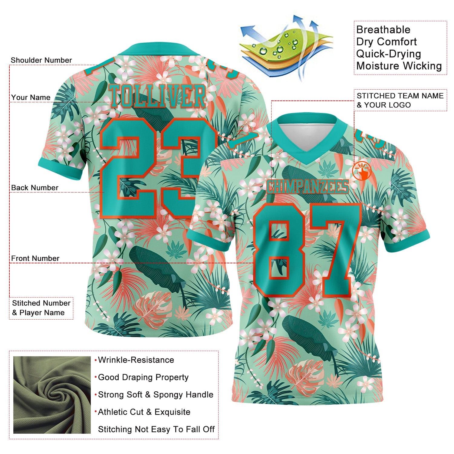 Custom Teal Orange 3D Pattern Hawaii Palm Leaves And Flowers Authentic Football Jersey view 3