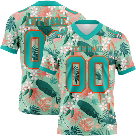 Custom Teal Orange 3D Pattern Hawaii Palm Leaves And Flowers Authentic Football Jersey - Main View