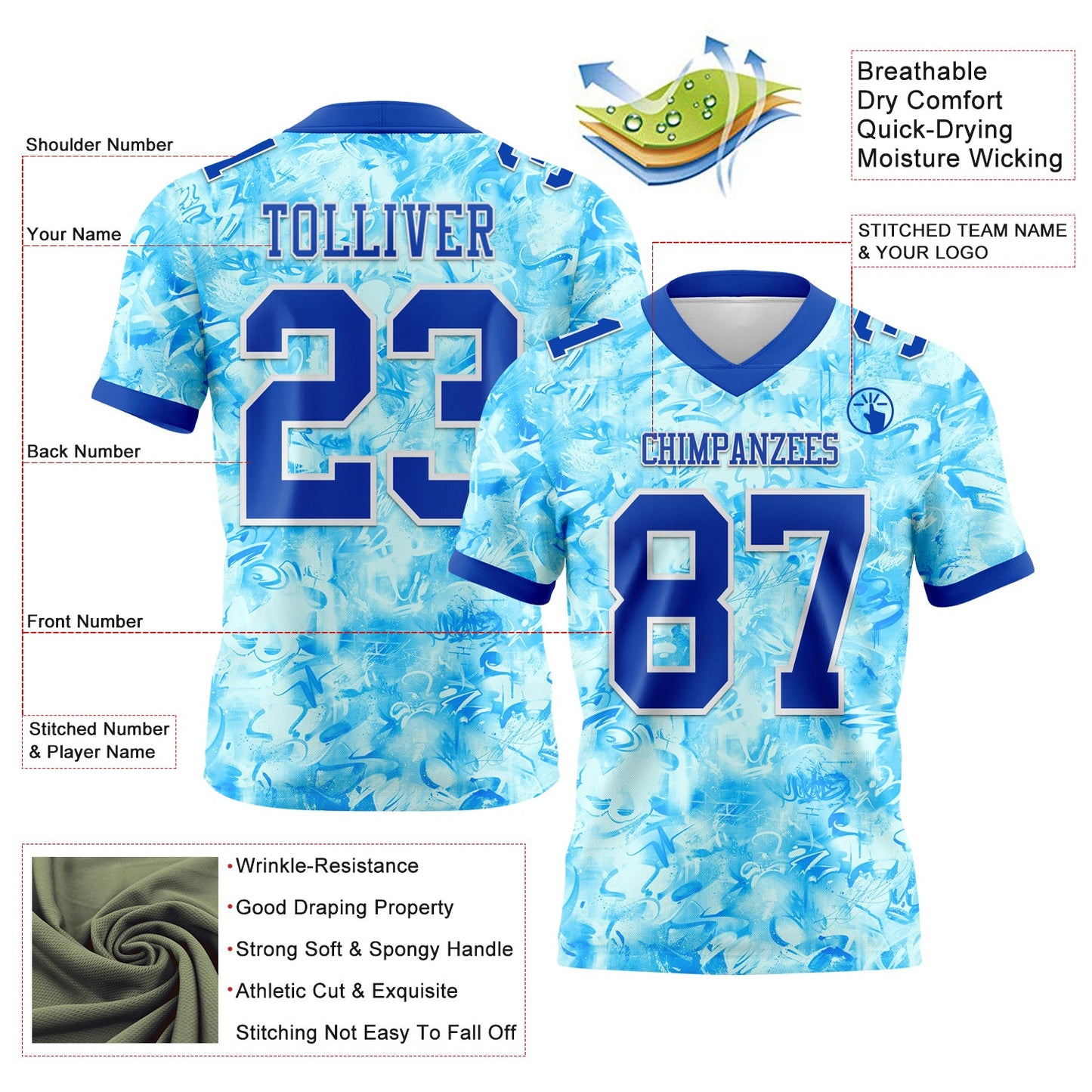 Custom Graffiti Pattern Thunder Blue-White 3D Pattern Scratch Authentic Football Jersey view 3