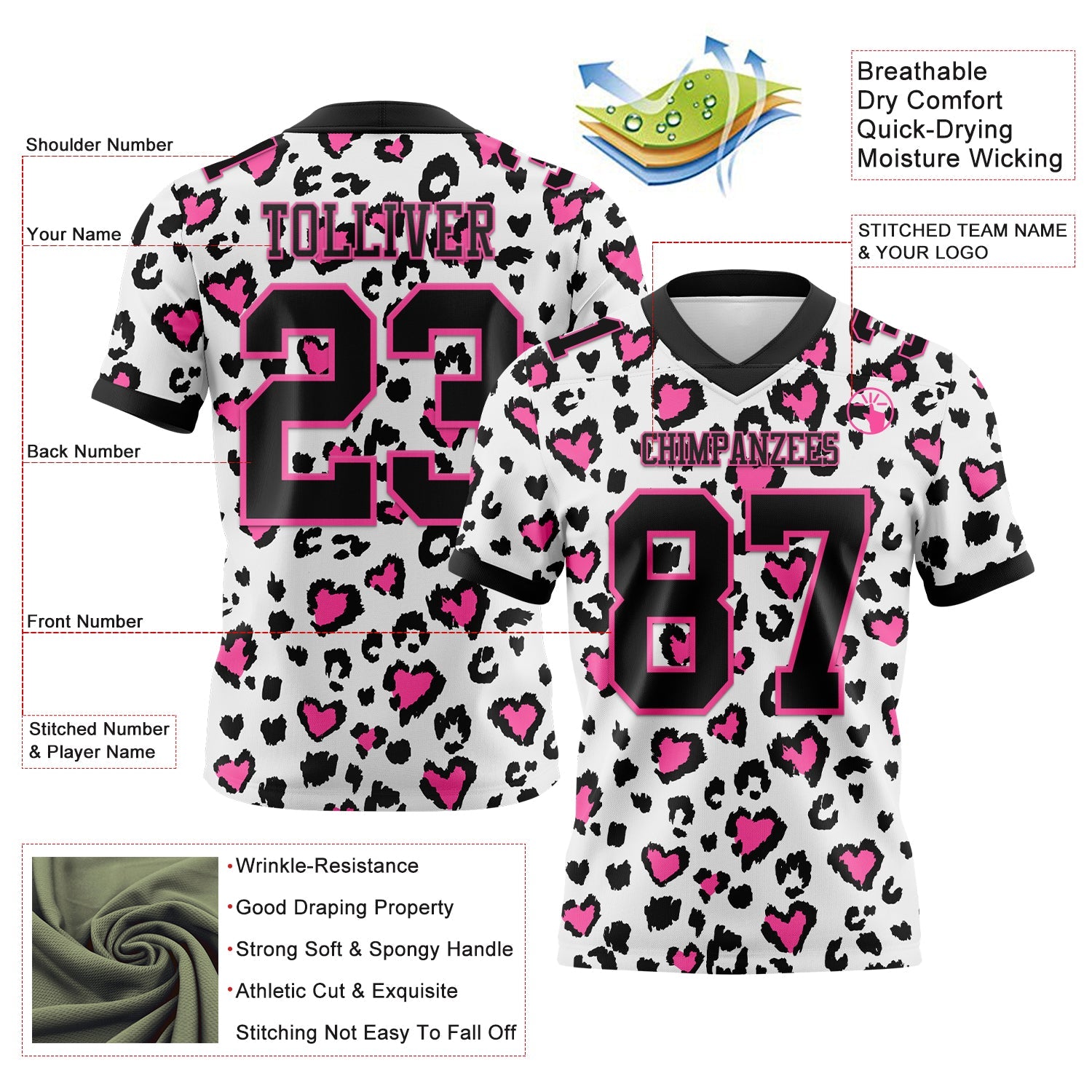 Custom White Black-Pink 3D Pattern Leopard Print Authentic Football Jersey view 3