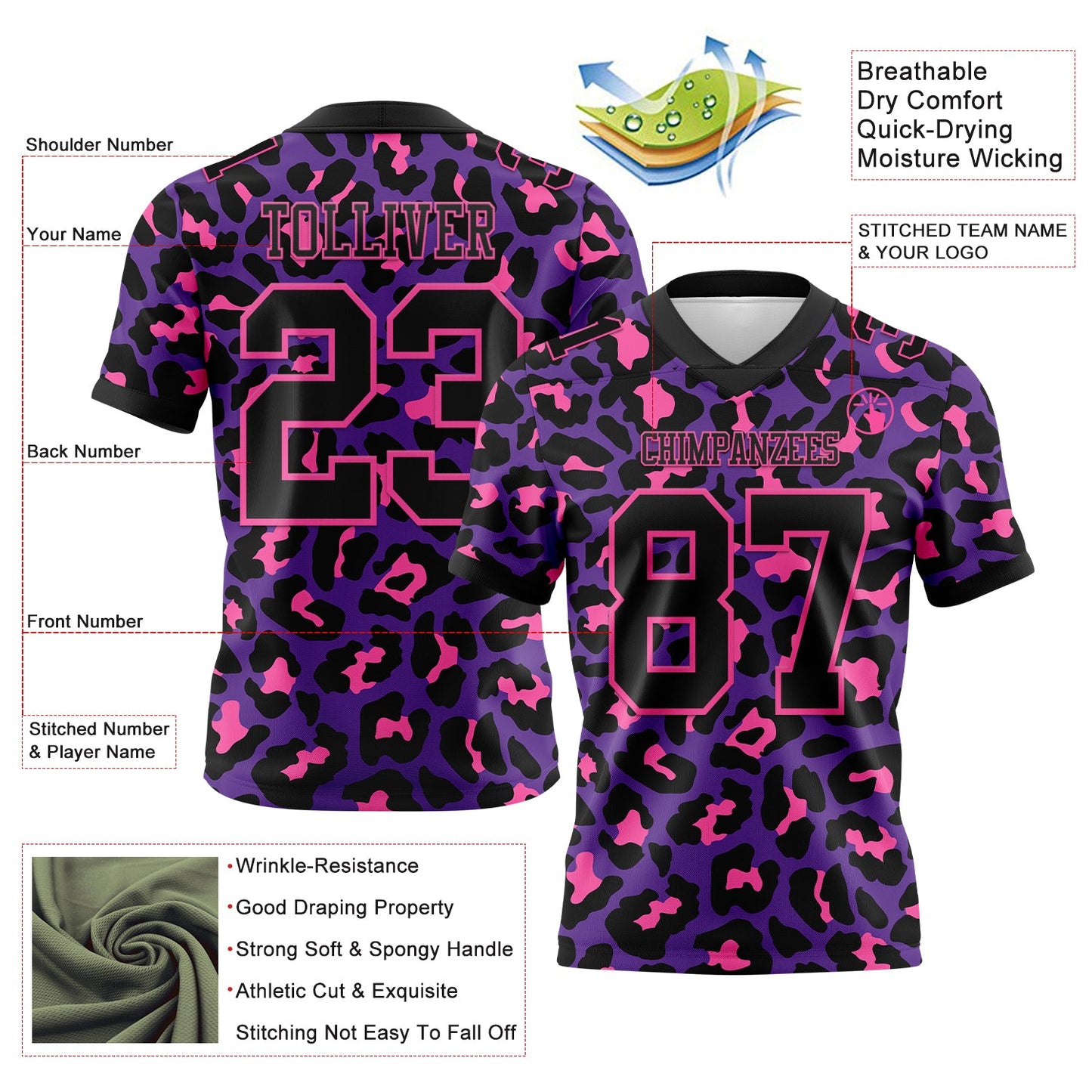 Custom Purple Black-Pink 3D Pattern Leopard Print Authentic Football Jersey view 3