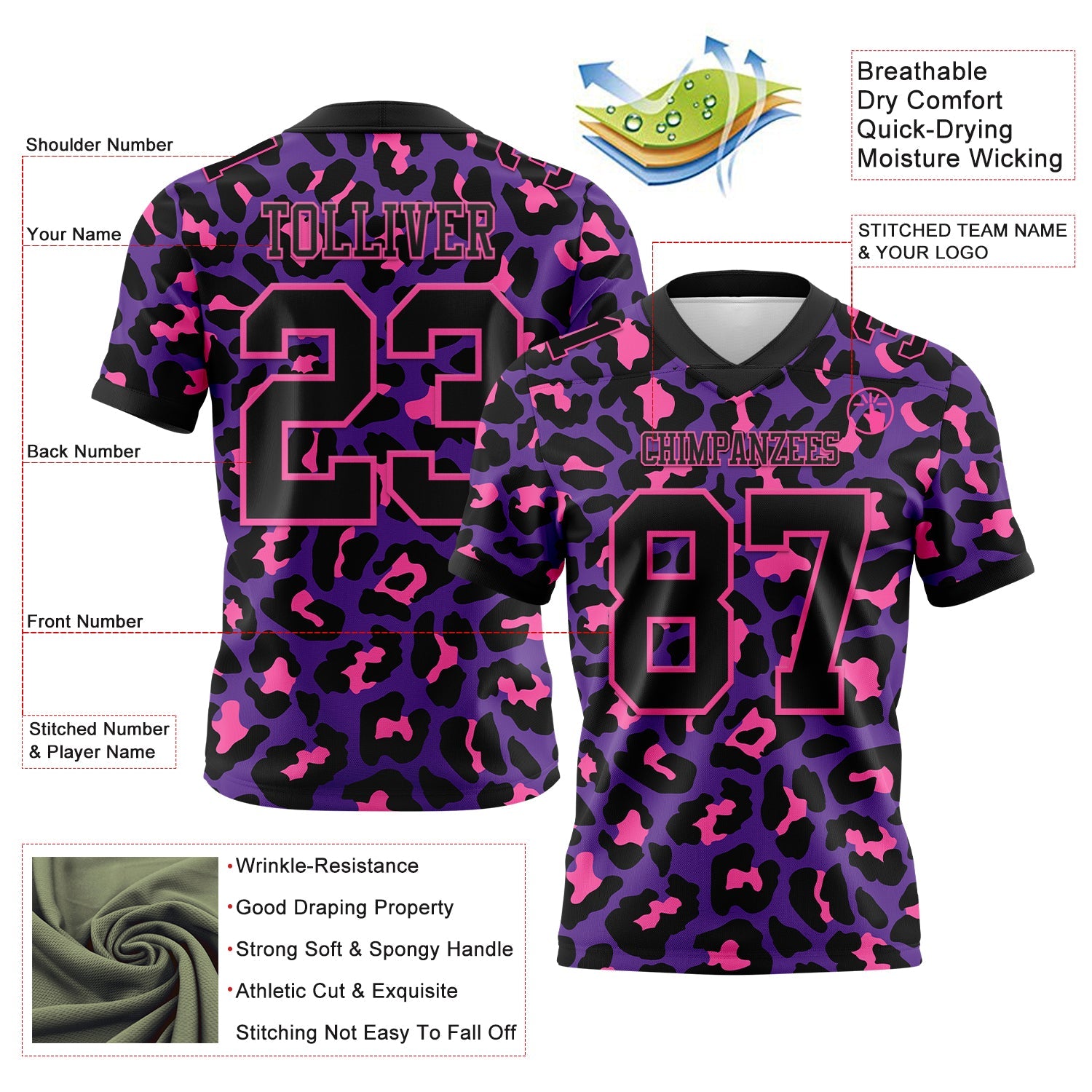 Custom Purple Black-Pink 3D Pattern Leopard Print Authentic Football Jersey view 3