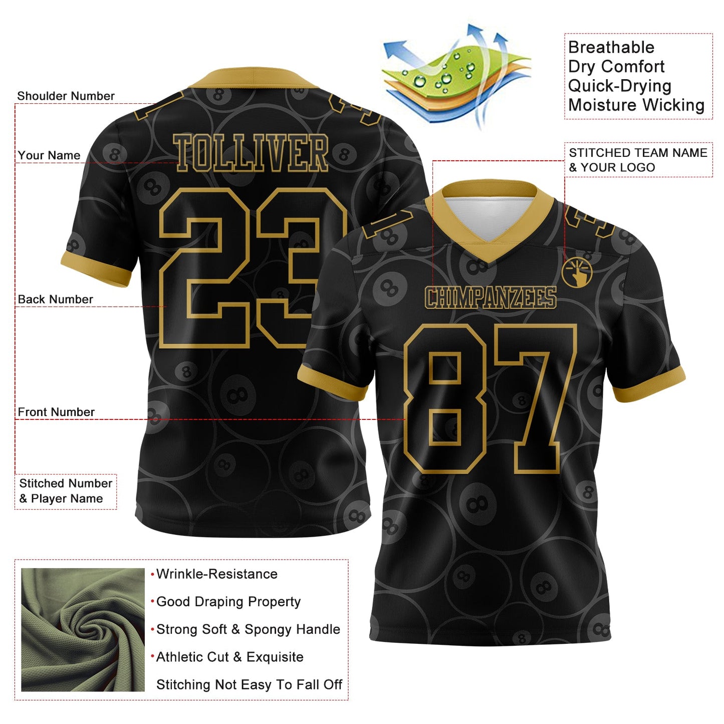 Custom Black Old Gold 3D Pattern Billiards Snooker 8 Ball Authentic Football Jersey view 3