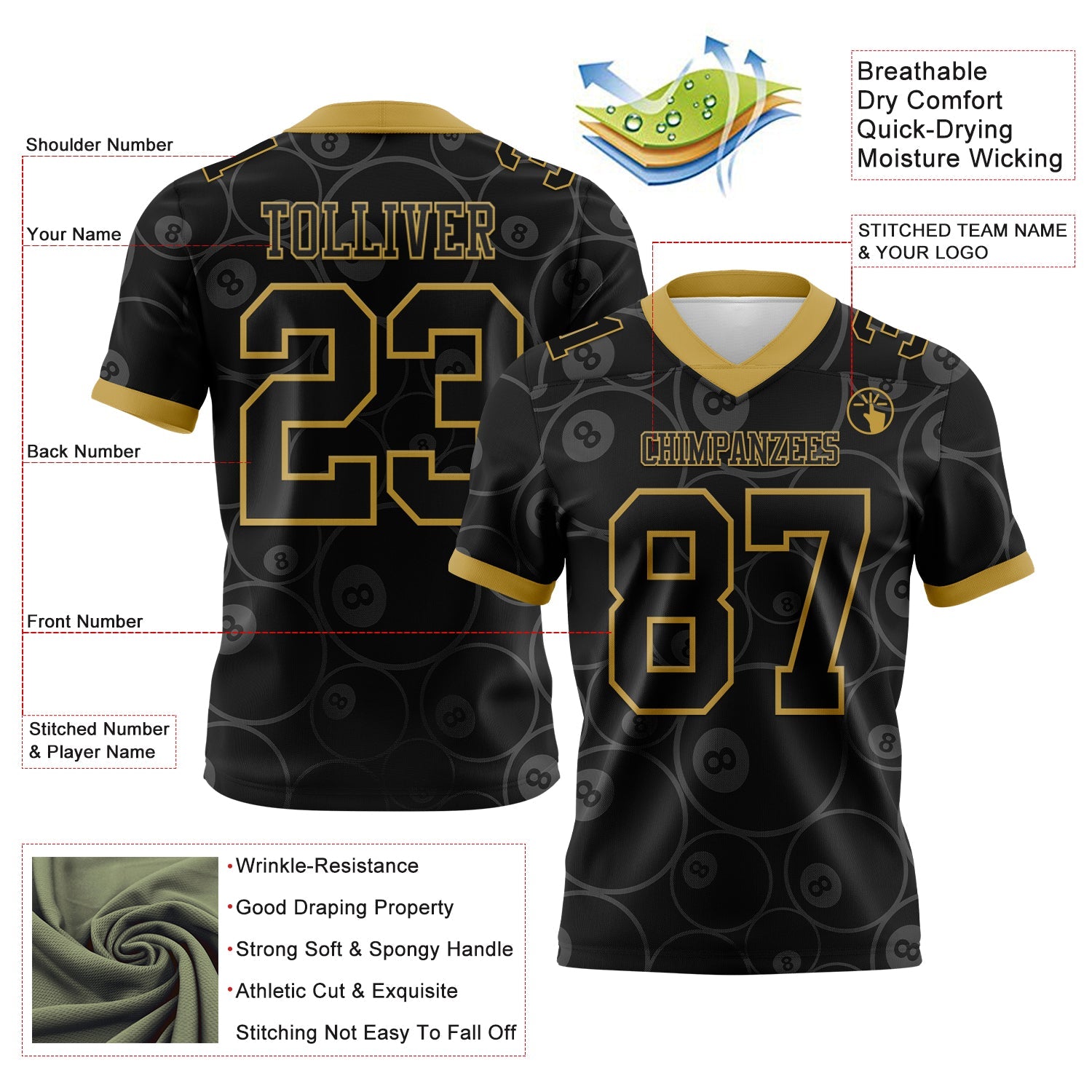 Custom Black Old Gold 3D Pattern Billiards Snooker 8 Ball Authentic Football Jersey view 3