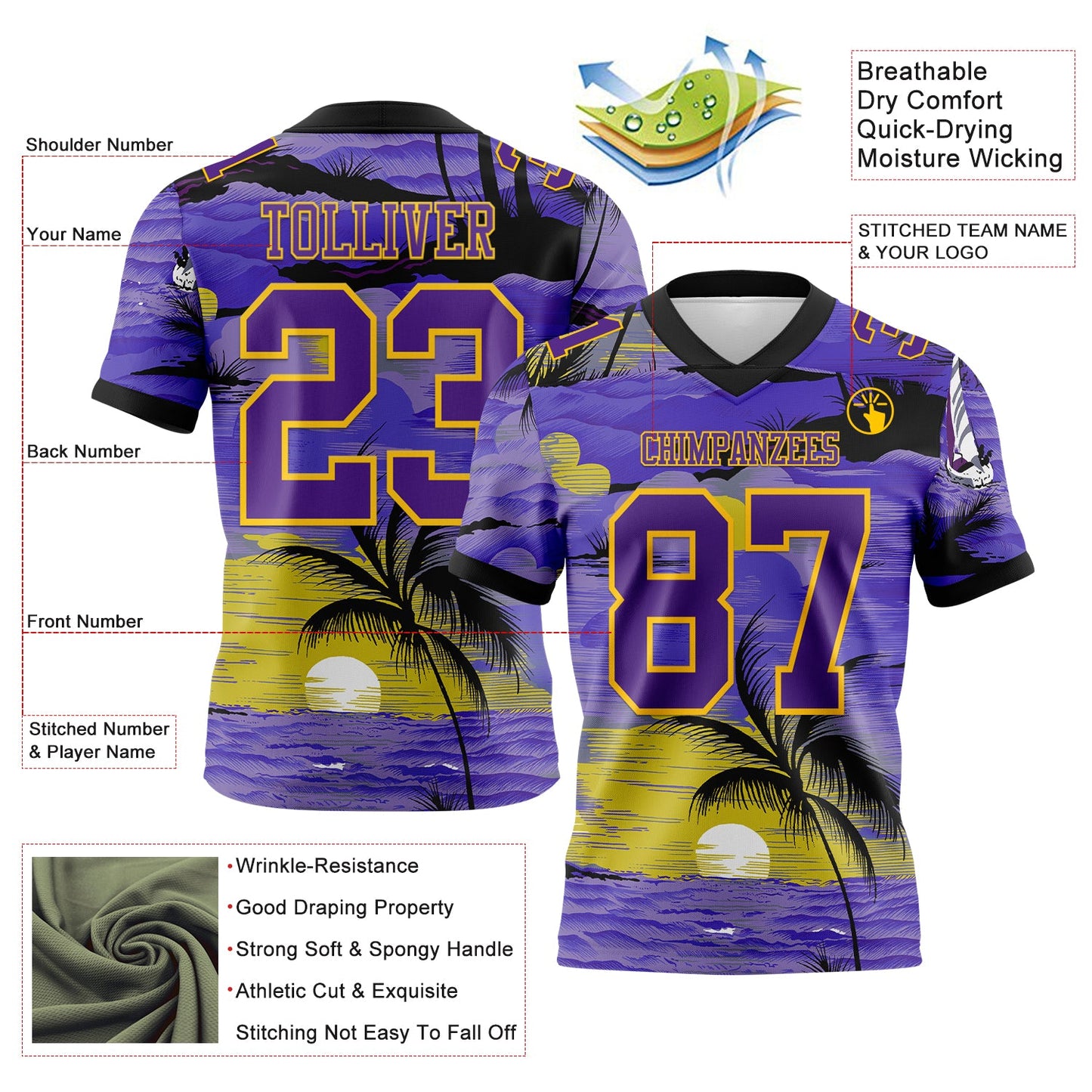Custom Purple Black-Yellow 3D Pattern Sun Beach Hawaii Palm Trees Authentic Football Jersey view 3