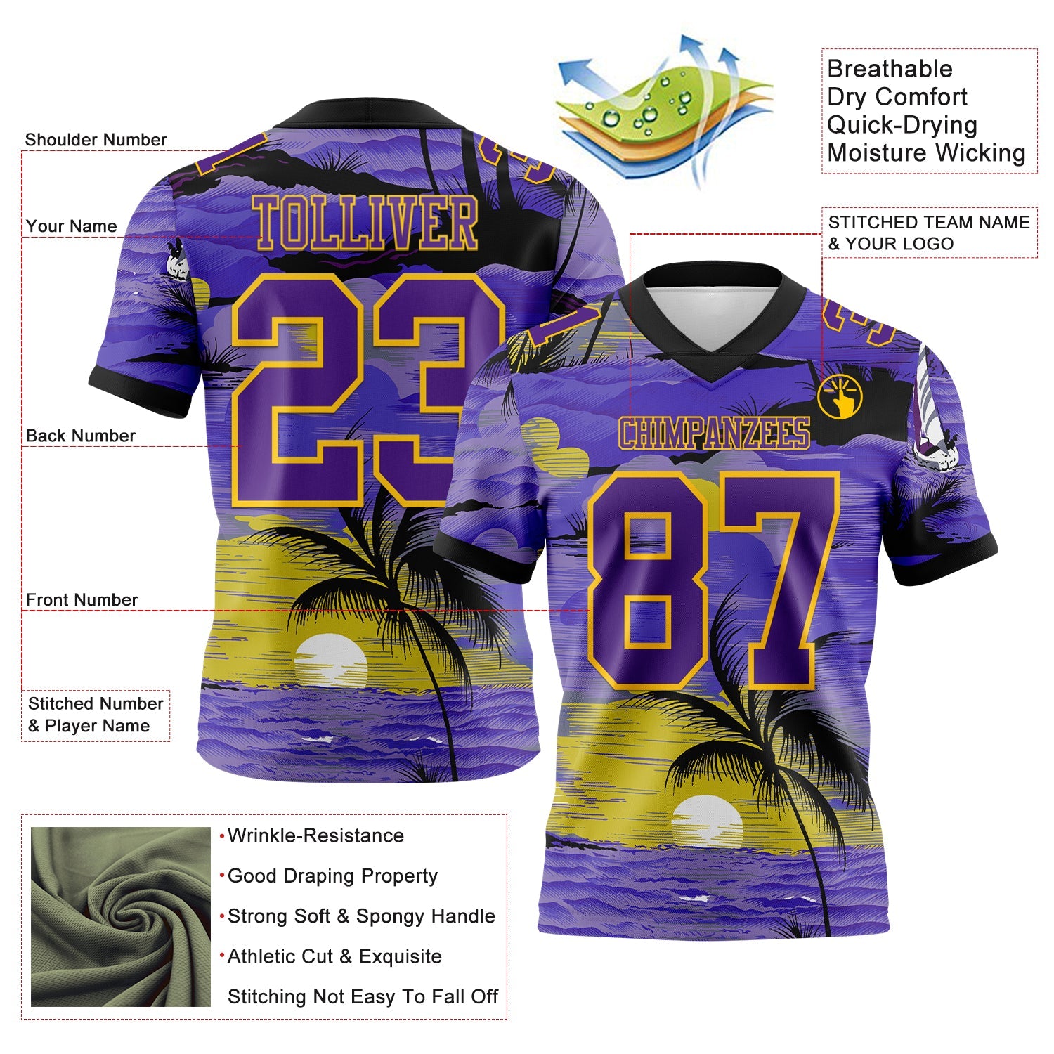 Custom Purple Black-Yellow 3D Pattern Sun Beach Hawaii Palm Trees Authentic Football Jersey view 3