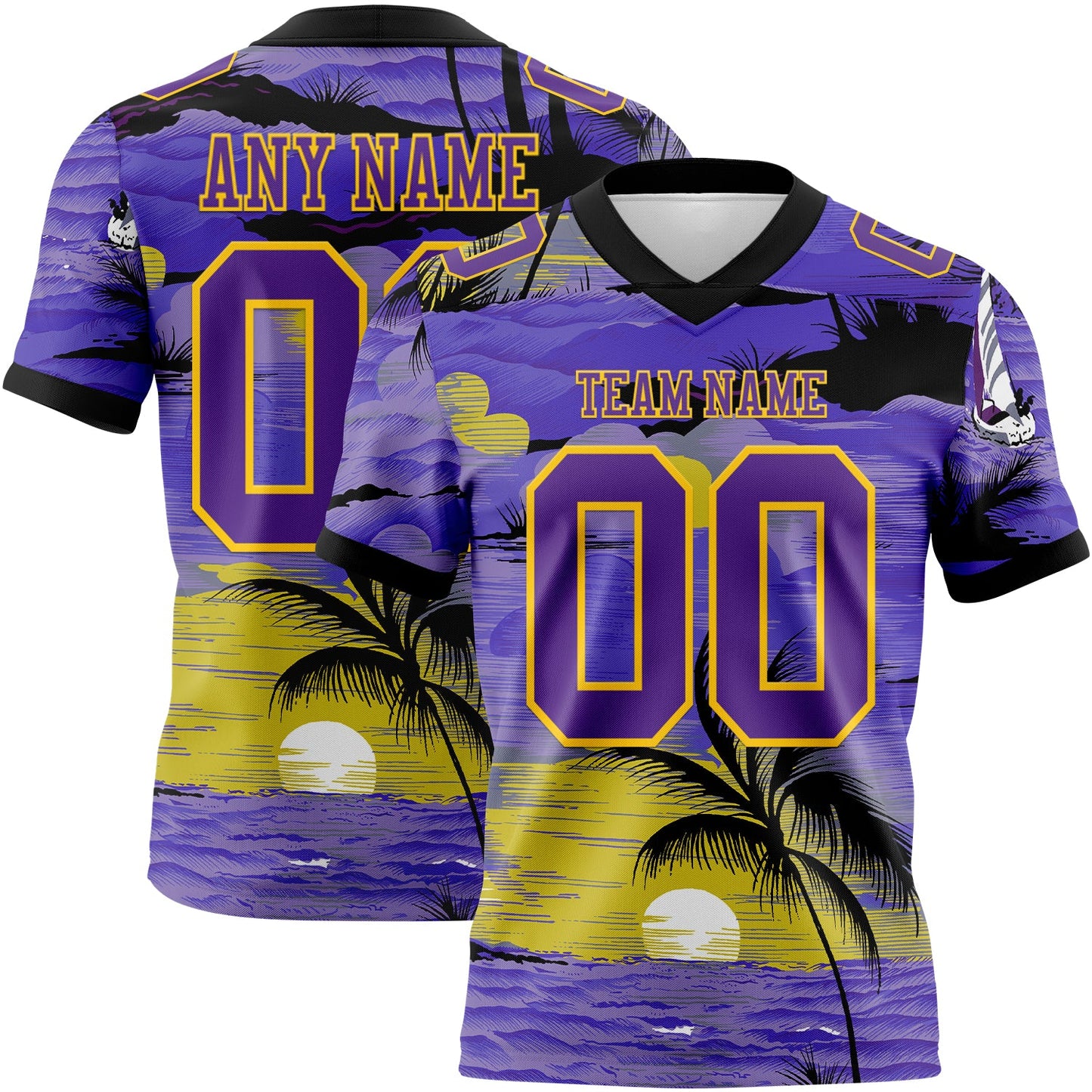 Custom Purple Black-Yellow 3D Pattern Sun Beach Hawaii Palm Trees Authentic Football Jersey - Main View