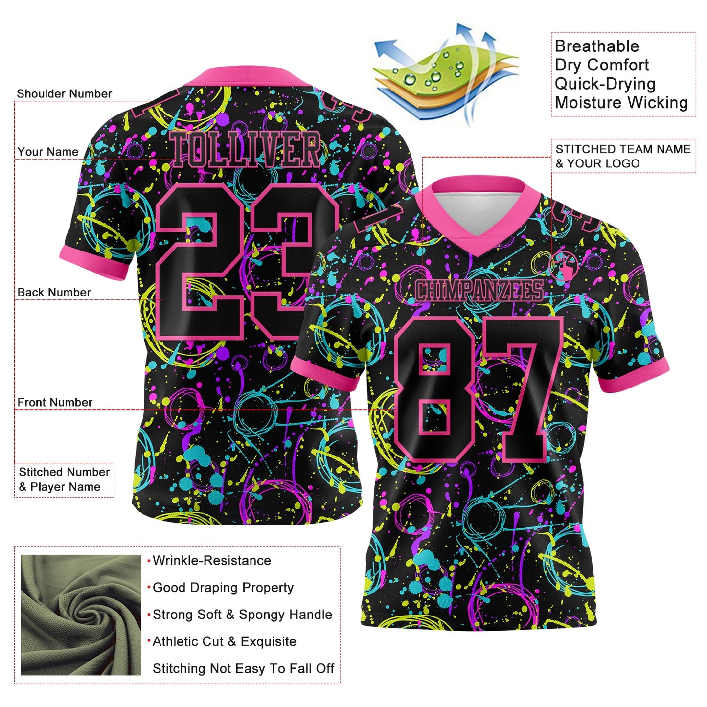 Custom Graffiti Pattern Black-Pink 3D Pattern Neon Splash Authentic Football Jersey view 3