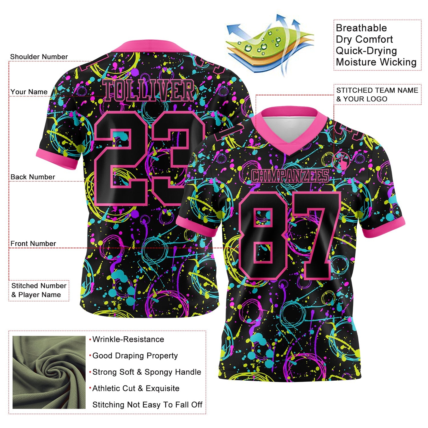 Custom Graffiti Pattern Black-Pink 3D Pattern Neon Splash Authentic Football Jersey view 3