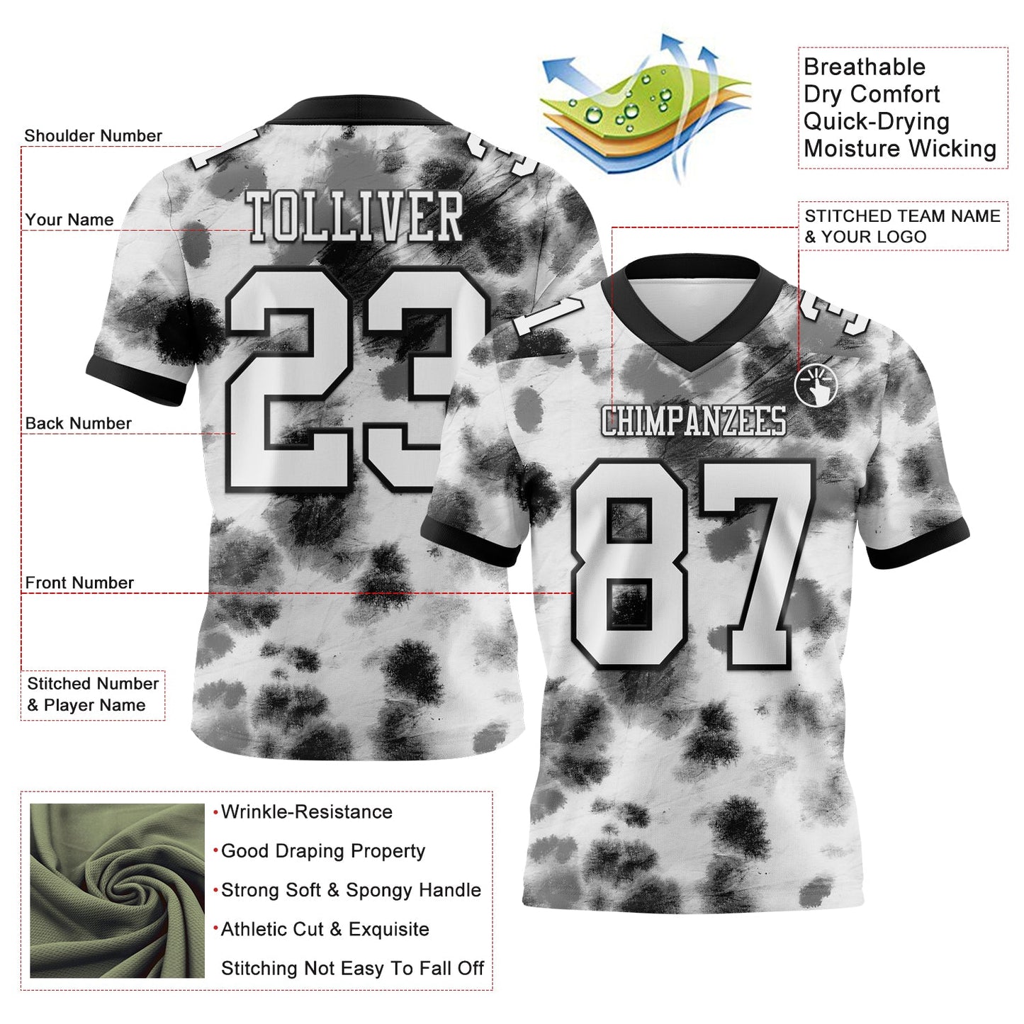 Custom Tie Dye White-Black 3D Pattern Authentic Football Jersey view 3