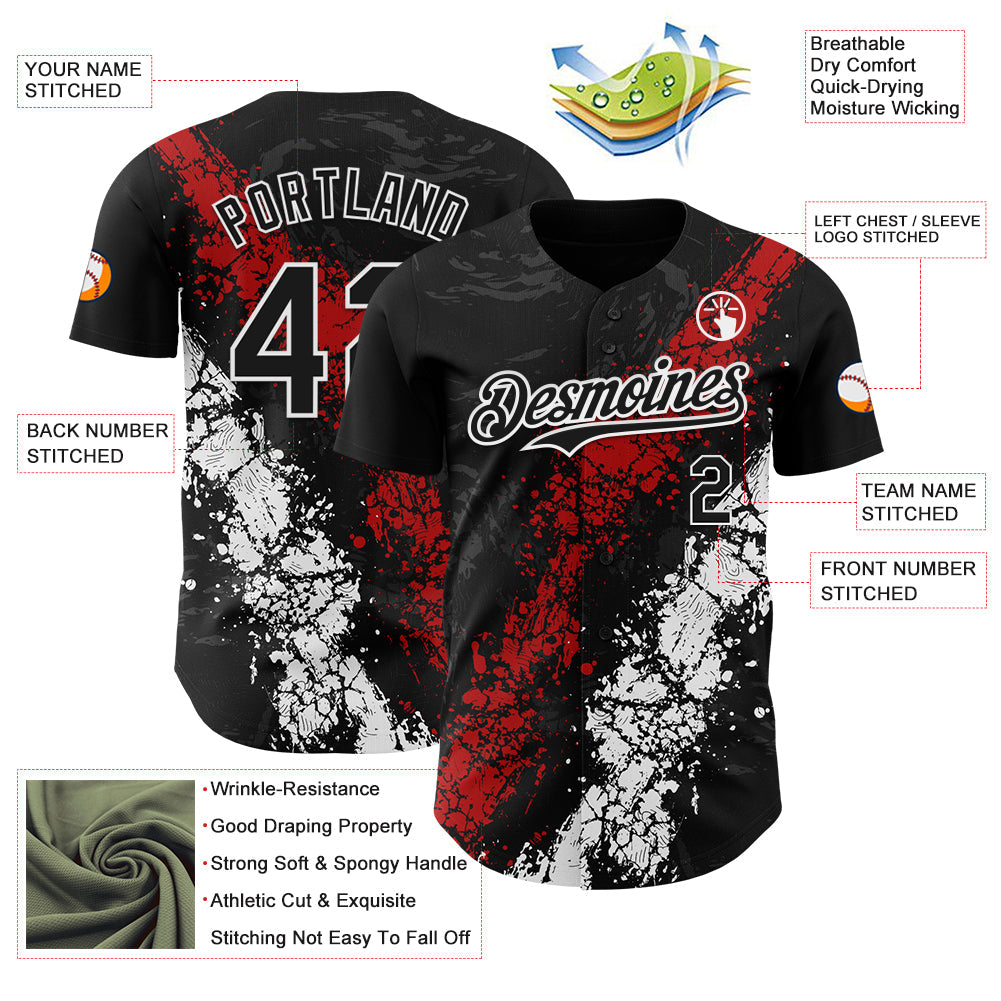 Custom Black Red-White Splash Authentic Baseball Jersey view 3