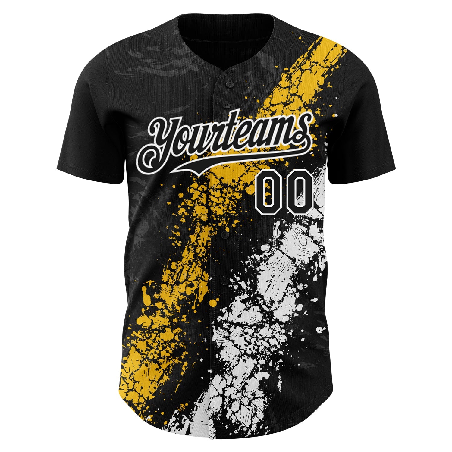 Custom Black Yellow-White Splash Authentic Baseball Jersey view 2