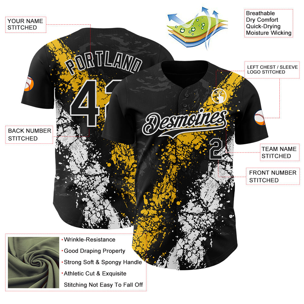 Custom Black Yellow-White Splash Authentic Baseball Jersey view 3