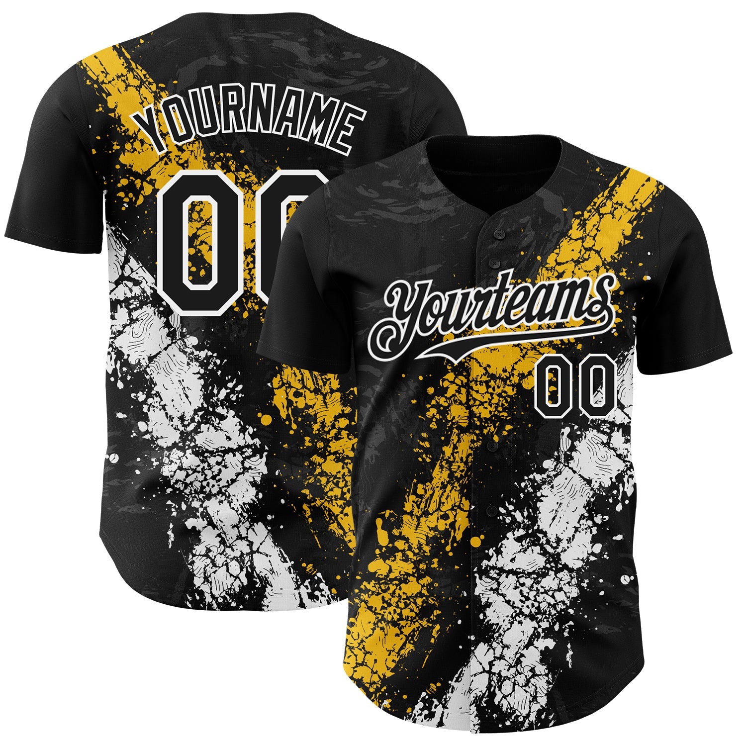 Custom Black Yellow-White Splash Authentic Baseball Jersey - Main View