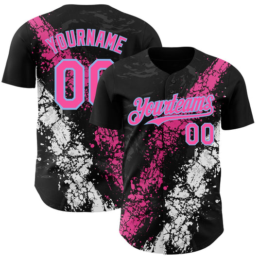 Custom Black Pink Light Blue-White Splash Authentic Baseball Jersey - Main View
