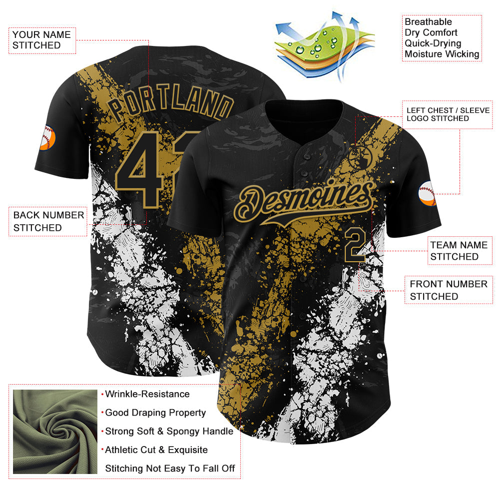 Custom Black Old Gold-White Splash Authentic Baseball Jersey view 3