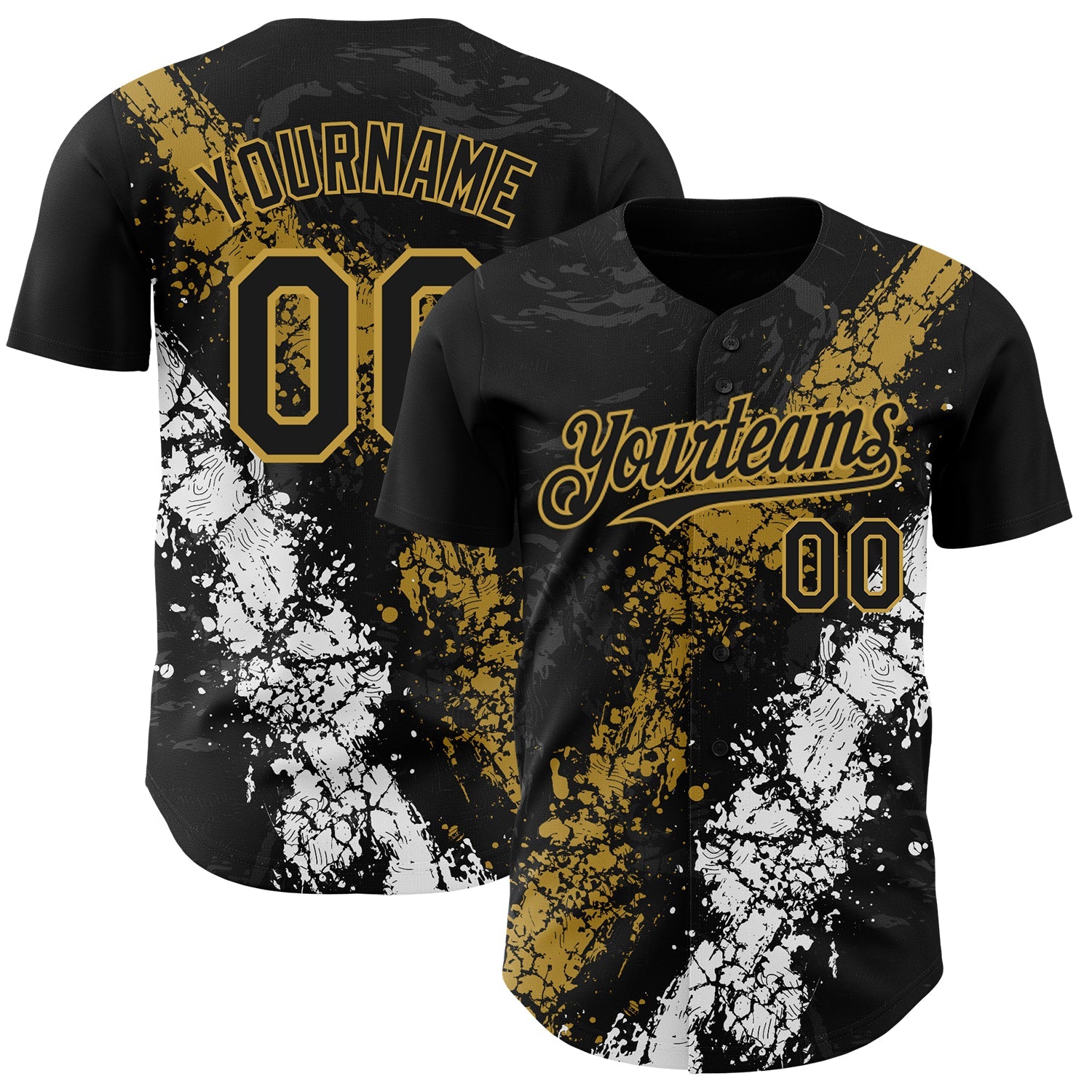 Custom Black Old Gold-White Splash Authentic Baseball Jersey - Main View
