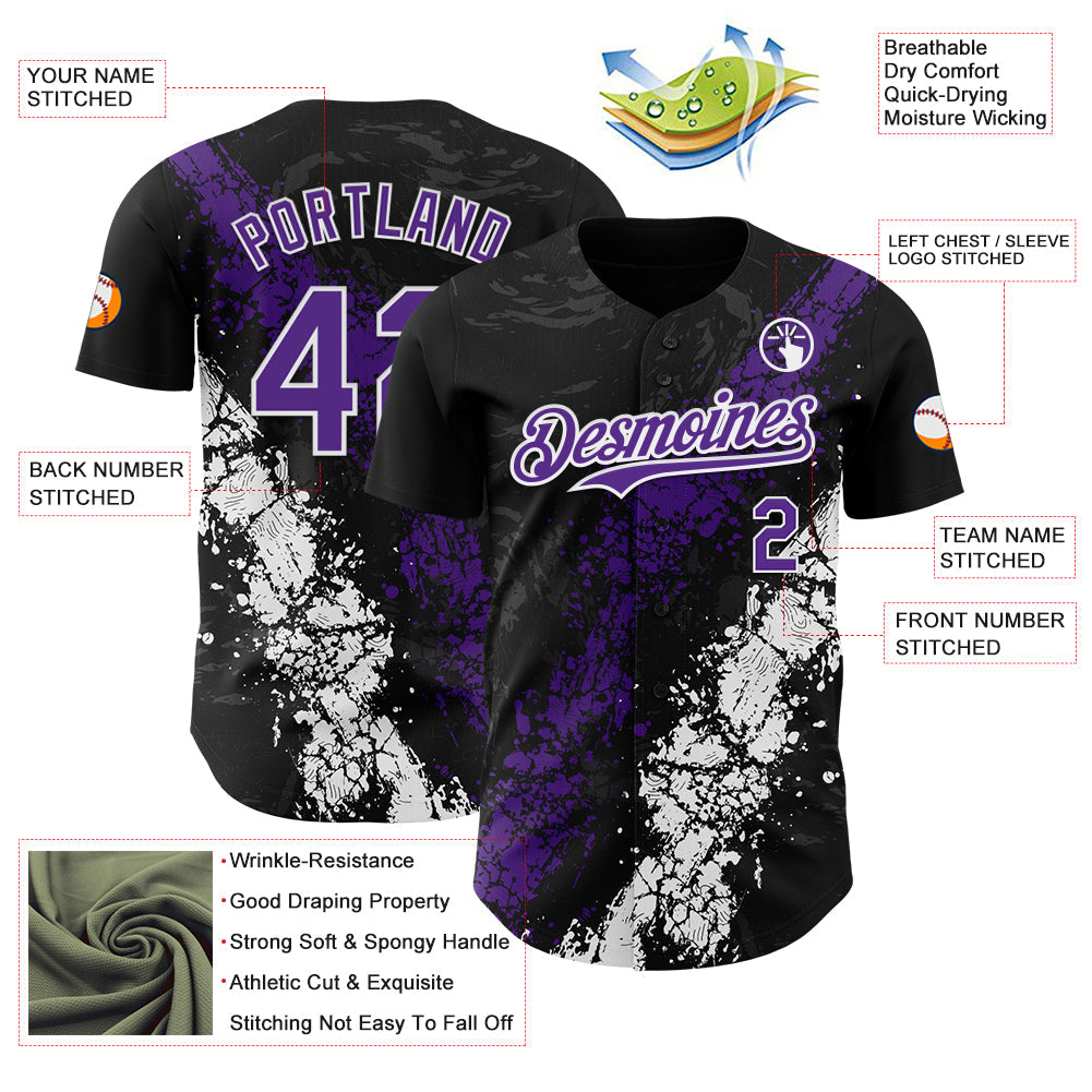 Custom Black Purple-White Splash Authentic Baseball Jersey view 3