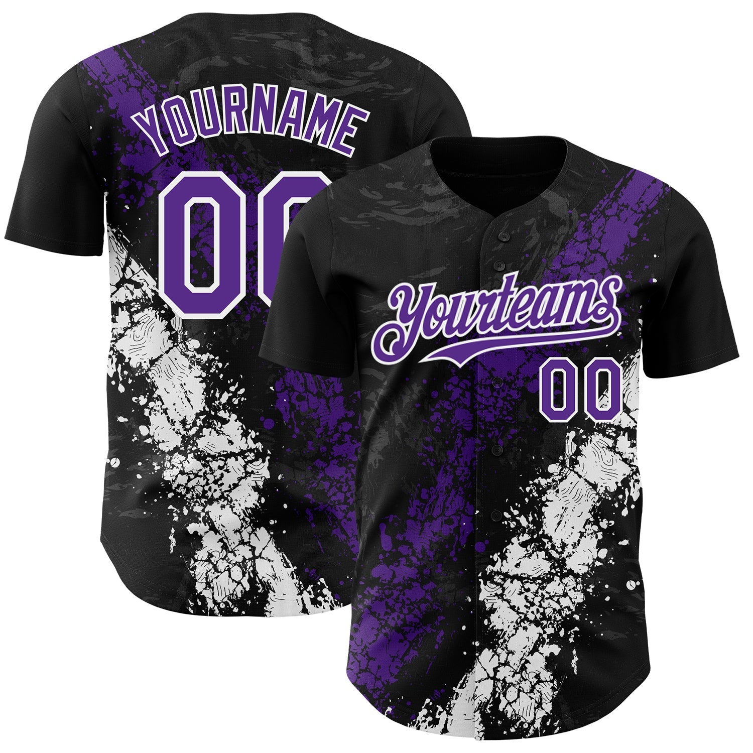 Custom Black Purple-White Splash Authentic Baseball Jersey - Main View