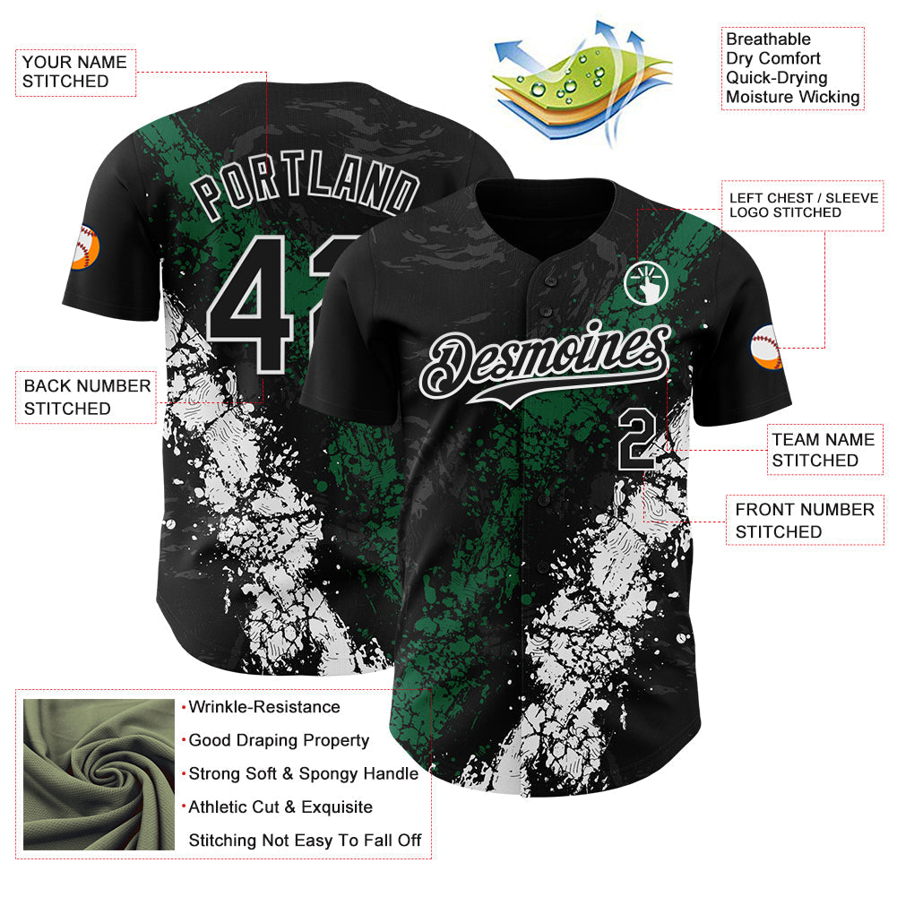 Custom Black Kelly Green-White Splash Authentic Baseball Jersey view 3