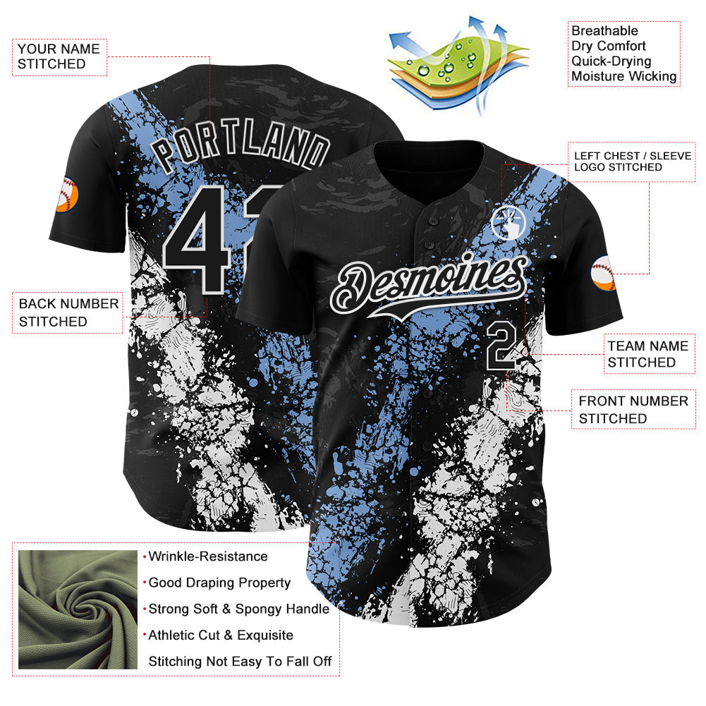 Custom Black Light Blue-White Splash Authentic Baseball Jersey view 3