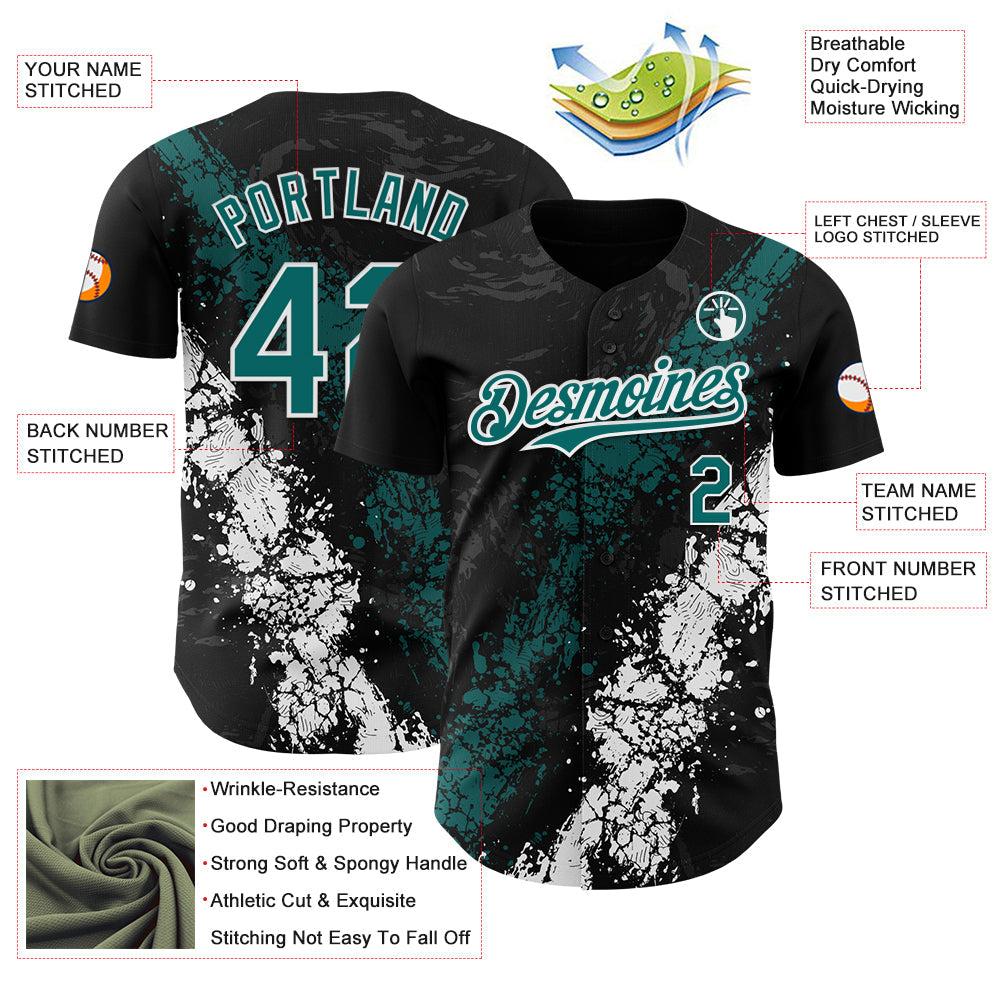 Custom Black Teal-White Splash Authentic Baseball Jersey view 3