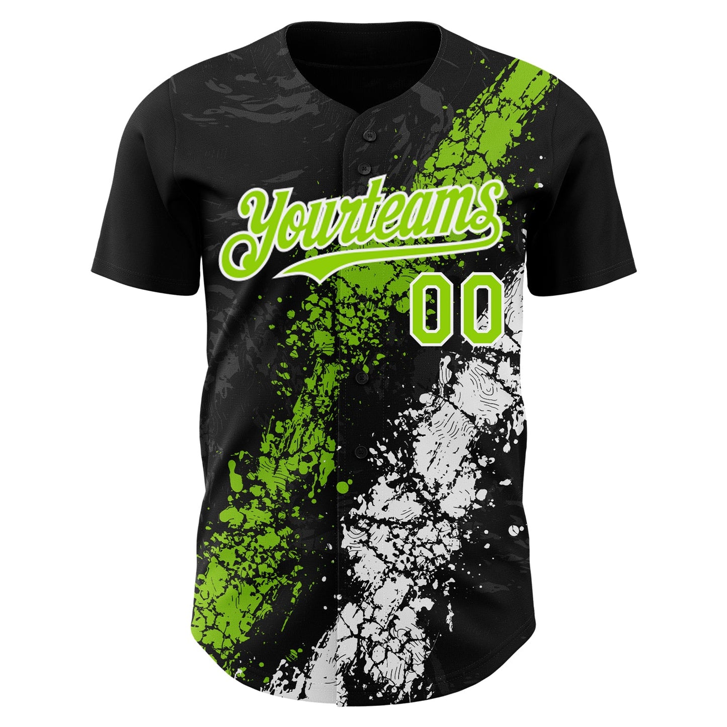 Custom Black Neon Green-White Splash Authentic Baseball Jersey view 2
